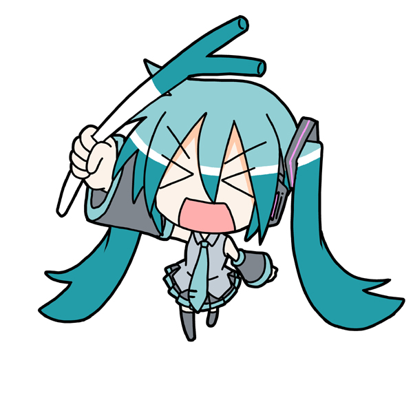minami (colorful palette), chibi miku, hatsune miku, vocaloid, > <, 1girl, aqua hair, chibi, closed eyes, female focus, food, solo, spring onion, thighhighs, twintails, vegetable