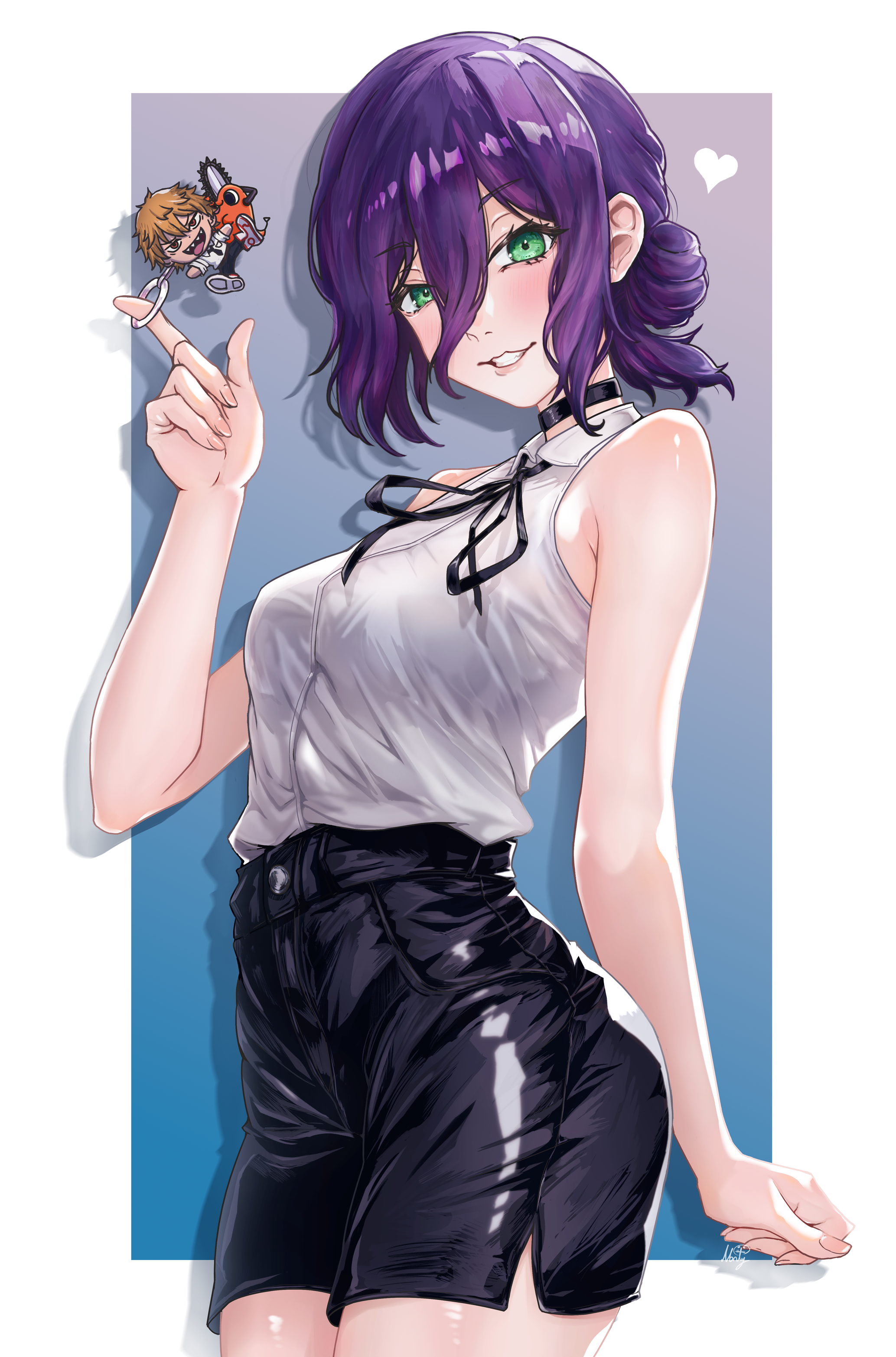 monty1024, denji (chainsaw man), pochita (chainsaw man), reze (chainsaw man), chainsaw man, absurdres, highres, 1girl, black choker, black ribbon, black shorts, character charm, charm (object), choker, collared shirt, green eyes, hair bun, neck ribbon, purple hair, ribbon, shirt, shirt tucked in, short shorts, shorts, sleeveless, sleeveless shirt, solo, white shirt