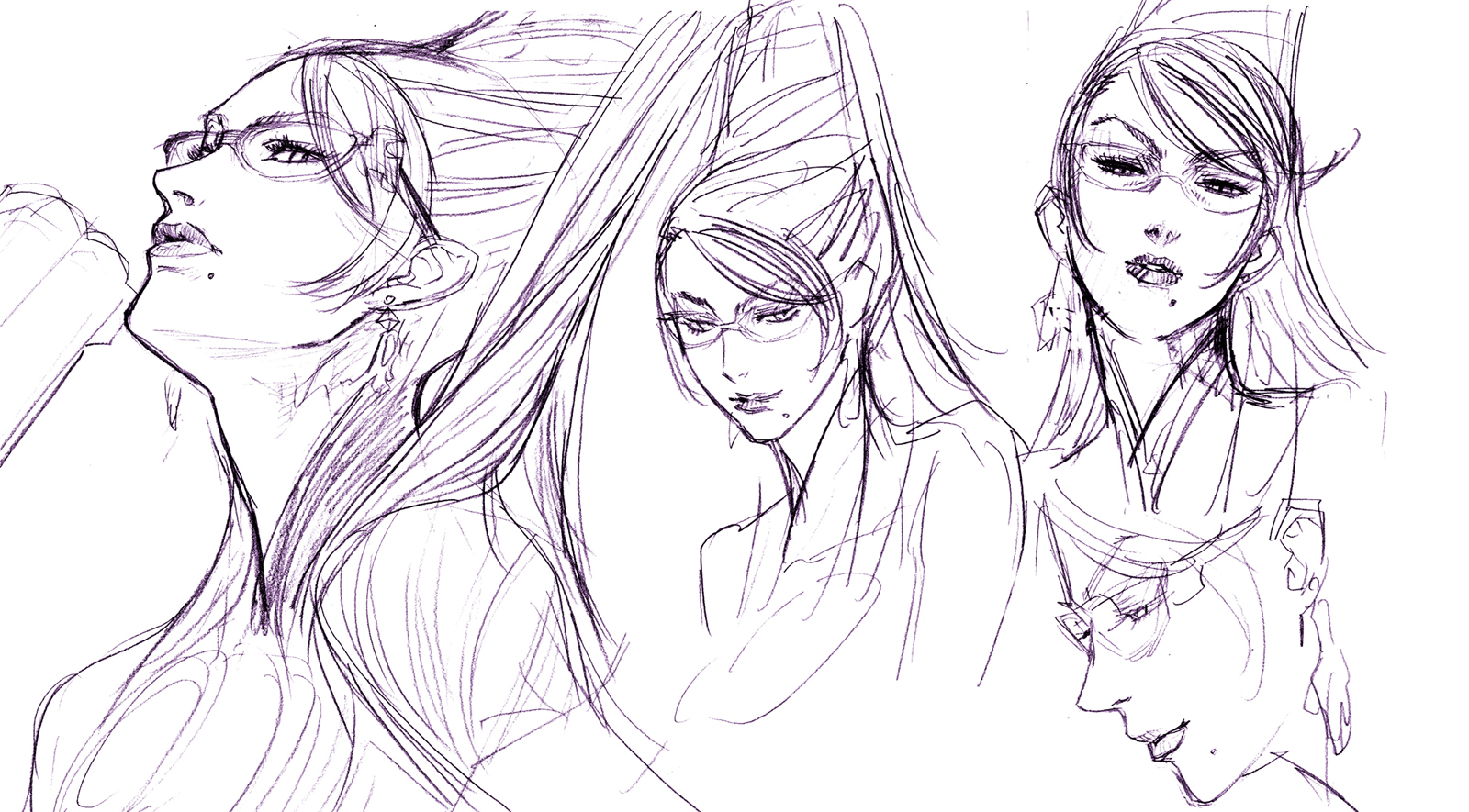 yoshimura ken'ichirou, yoshimura kenichiro, bayonetta, bayonetta (series), bayonetta 1, sega, concept art, highres, official art, scan, 1girl, beehive hairdo, black hair, earrings, from side, glasses, gun, half-closed eyes, handgun, jewelry, lineart, lips, long hair, looking at viewer, looking down, mole, mole under mouth, monochrome, multiple views, parted lips, simple background, sketch, swept bangs, upper body, weapon, witch