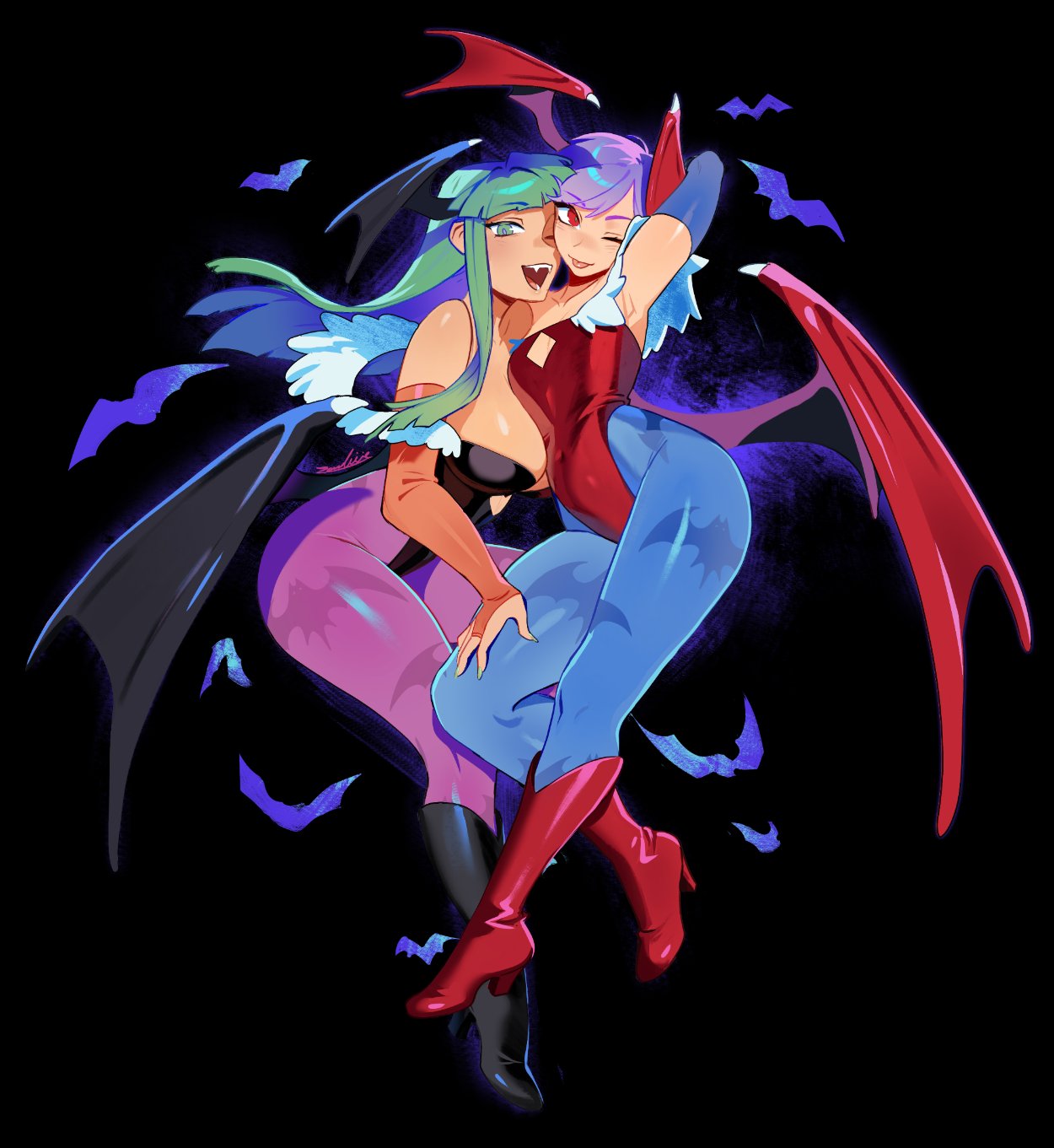 zambiie, lilith (darkstalkers), morrigan aensland, darkstalkers, highres, 2girls, animal print, arm behind head, armpits, bare shoulders, bat (animal), bat print, black background, black boots, black leotard, black wings, blue pantyhose, blue sleeves, blunt bangs, boots, breasts, bridal gauntlets, cleavage, cleavage cutout, clothing cutout, demon girl, demon wings, fangs, feather trim, full body, green eyes, green hair, hand on another's thigh, head wings, high heel boots, high heels, highleg, highleg leotard, large breasts, leotard, long hair, medium breasts, multiple girls, one eye closed, open mouth, orange sleeves, pantyhose, presenting armpit, print pantyhose, purple hair, purple pantyhose, red boots, red eyes, red leotard, red wings, short hair, sidelocks, signature, smile, tongue, tongue out, wings