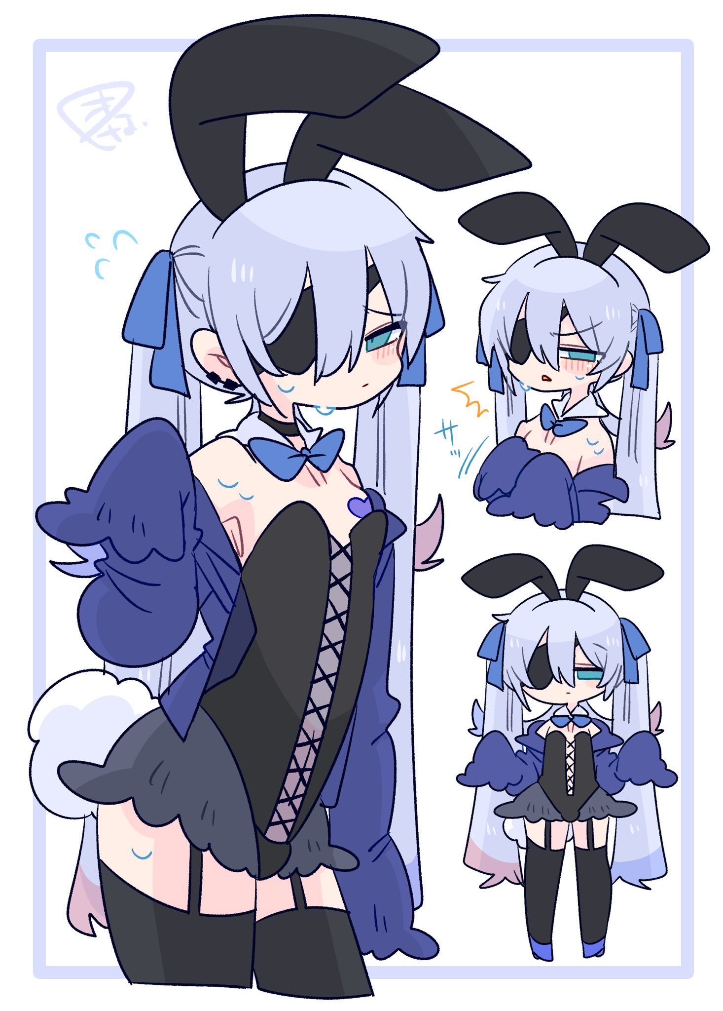 op na yarou, original, commentary, highres, 1boy, :/, ^^^, animal ear hairband, animal ears, arched back, armpits, bare shoulders, black choker, black hairband, black leotard, black thighhighs, blue bow, blue bowtie, blue cardigan, blue eyes, blue hair, blue shoes, blush, bow, bowtie, bulge, cardigan, choker, closed mouth, collarbone, colored tips, cowboy shot, crossdressing, crossdressing (mtf), detached collar, double-parted bangs, earclip, embarrassed, expressionless, eyepatch, fake animal ears, fake tail, flipped hair, flying sweatdrops, full body, furrowed brow, garter straps, grey skirt, hair between eyes, hair bow, hair intakes, hairband, hand up, hands up, heart pasties, leaning forward, leotard, long hair, long sleeves, looking at viewer, male focus, male playboy bunny, miniskirt, multicolored hair, multiple views, narrowed eyes, navel, no nose, off shoulder, one eye covered, open cardigan, open clothes, parted lips, pasties, playboy bunny, quad tails, rabbit ear hairband, rabbit ears, rabbit tail, red hair, rigel (op na yarou), shoes, sidelocks, simple background, skirt, sleeves past fingers, sleeves past wrists, standing, straight hair, strapless, strapless leotard, sweat, tail, thighhighs, thighs, trap, upper body, very long hair, watermark, white background, white hair