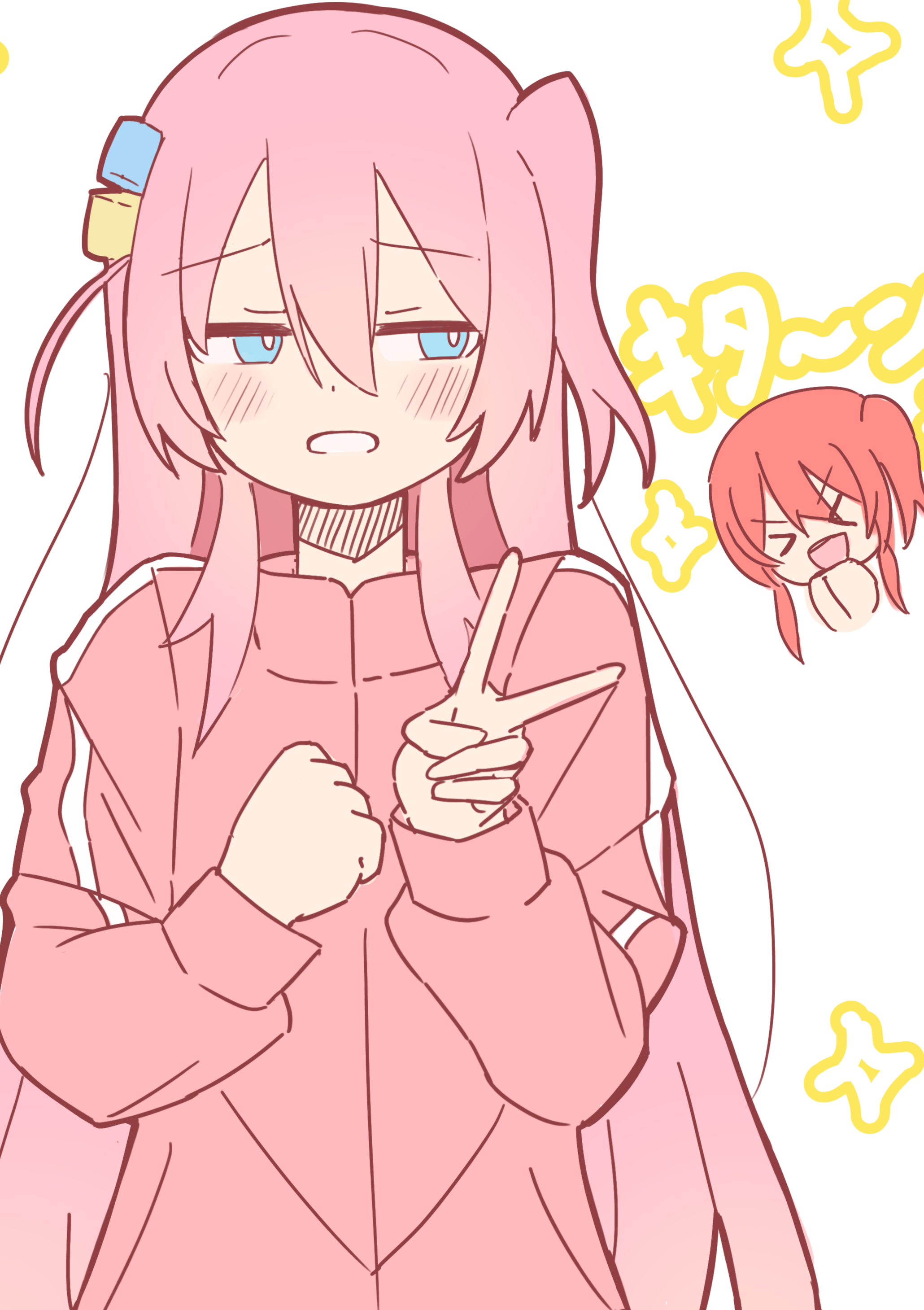 nuuji nuge, gotoh hitori, kita ikuyo, bocchi the rock!, absurdres, commentary request, highres, > <, 2girls, alternate hairstyle, blue eyes, blush, cube hair ornament, dot nose, hair between eyes, hair ornament, hands up, jacket, long sleeves, multiple girls, one side up, open mouth, parted lips, pink jacket, raised inner eyebrows, simple background, smile, solo focus, upper body, v, white background