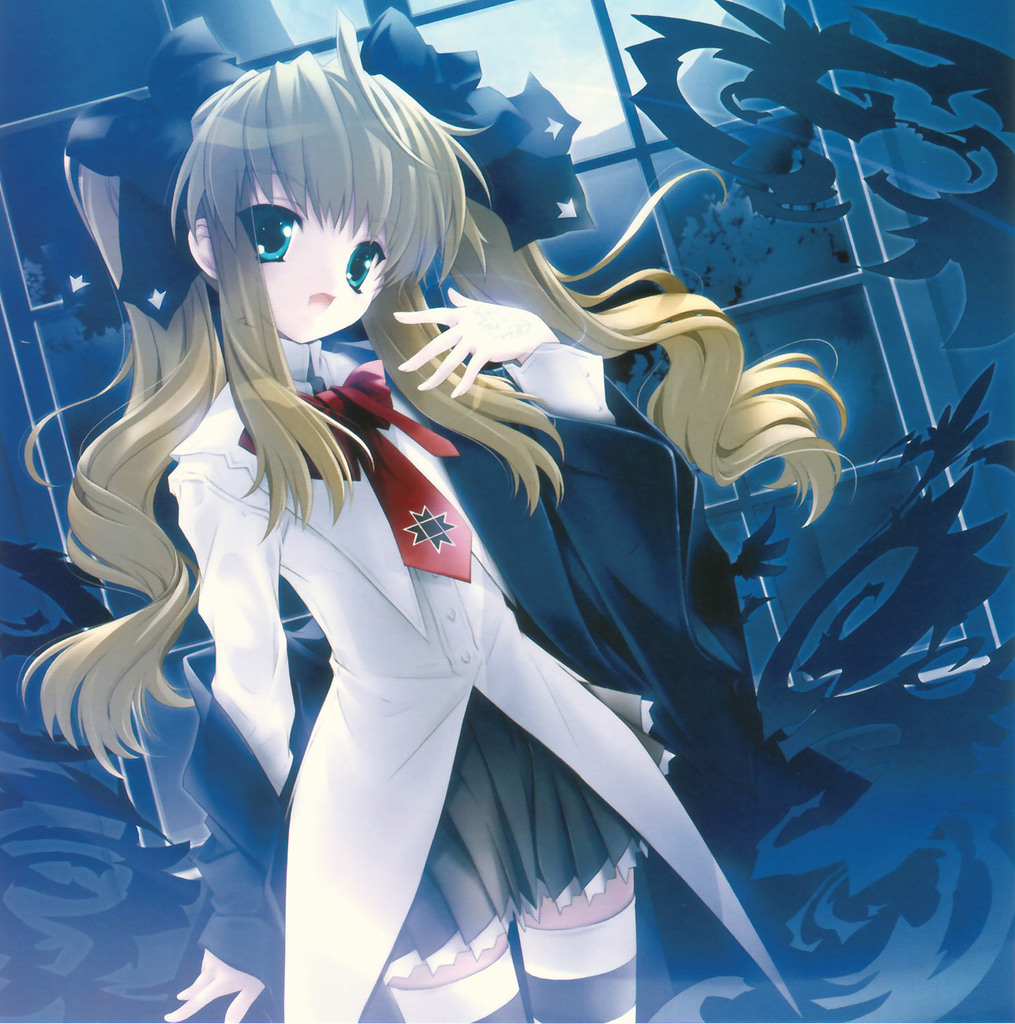 blonde hair, green eyes, hair ribbon, long hair, moonlight, night, open mouth, ribbon