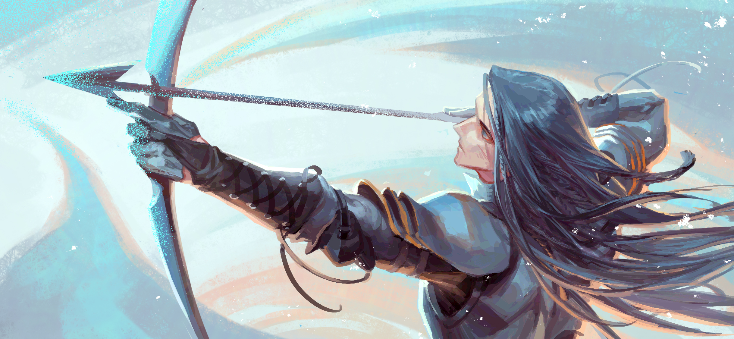 fingon, the silmarillion, tolkien's legendarium, hashtag-only commentary, highres, 1boy, armor, arms up, arrow (projectile), black hair, blue eyes, bow (weapon), braid, breastplate, drawing bow, fantasy, holding, holding bow (weapon), holding weapon, long hair, male focus, outstretched arm, pan brooke, pauldrons, profile, shoulder armor, solo, weapon