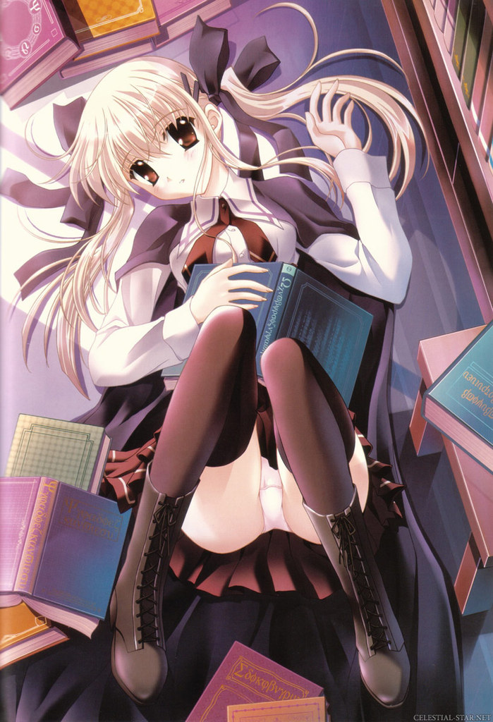 character request, blonde hair, blush, book, brown eyes, hair ribbon, long hair, lying, panties, ribbon, school uniform, thighhighs, underwear