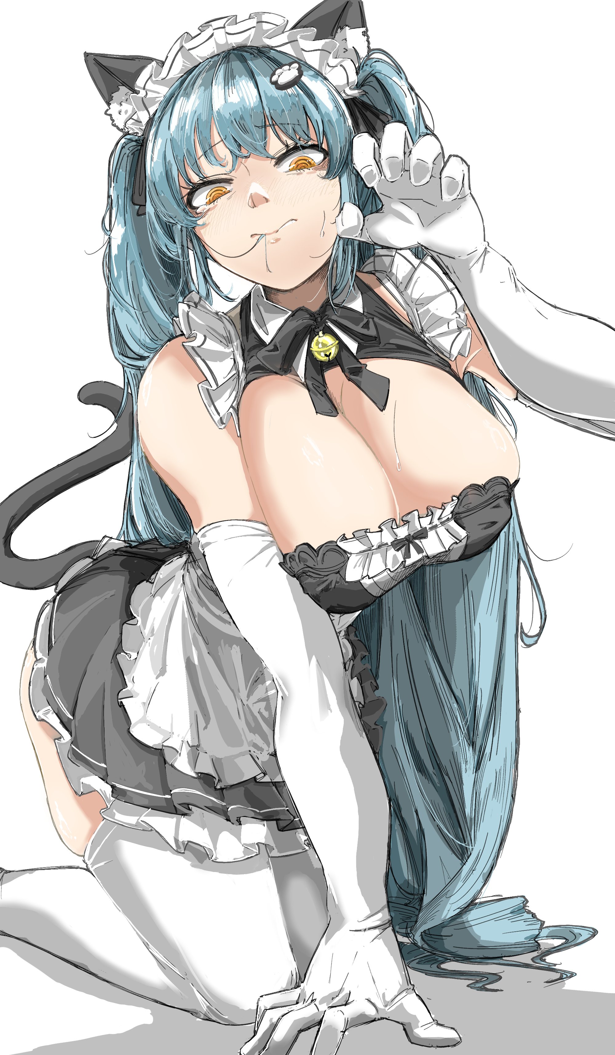 privaty (nikke), privaty (unkind maid) (nikke), goddess of victory: nikke, absurdres, highres, 1girl, @ @, animal ear fluff, animal ears, apron, aqua hair, arm support, bell, black dress, black ribbon, breasts, cat ears, cat tail, cleavage, collared dress, dangerouswani, dress, elbow gloves, embarrassed, frilled dress, frills, gloves, kneeling, large breasts, long hair, looking down, maid, maid headdress, neck bell, neck ribbon, paw hair ornament, paw pose, ribbon, shadow, solo, sweat, tail, thighhighs, twintails, very long hair, waist apron, white background, white gloves, white thighhighs, yellow eyes