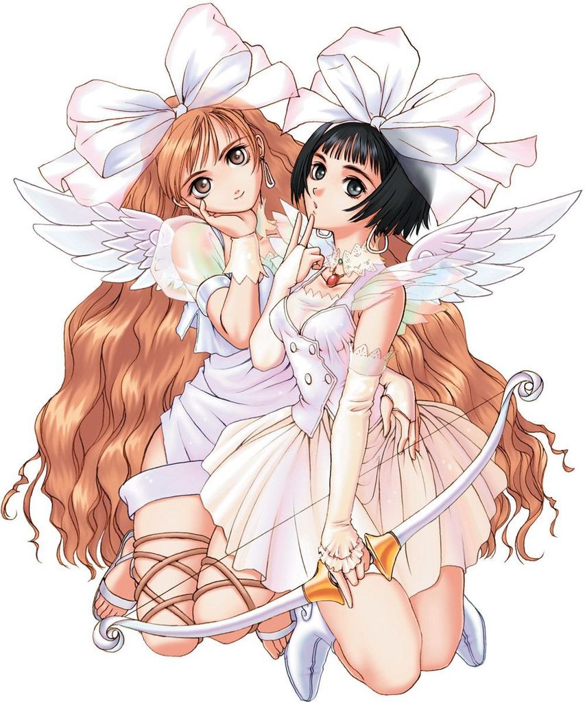 2girls, angel, black hair, bow, bow (weapon), brown eyes, brown hair, curly hair, hair bow, kneeling, long hair, multiple girls, short hair, smile, weapon, wings