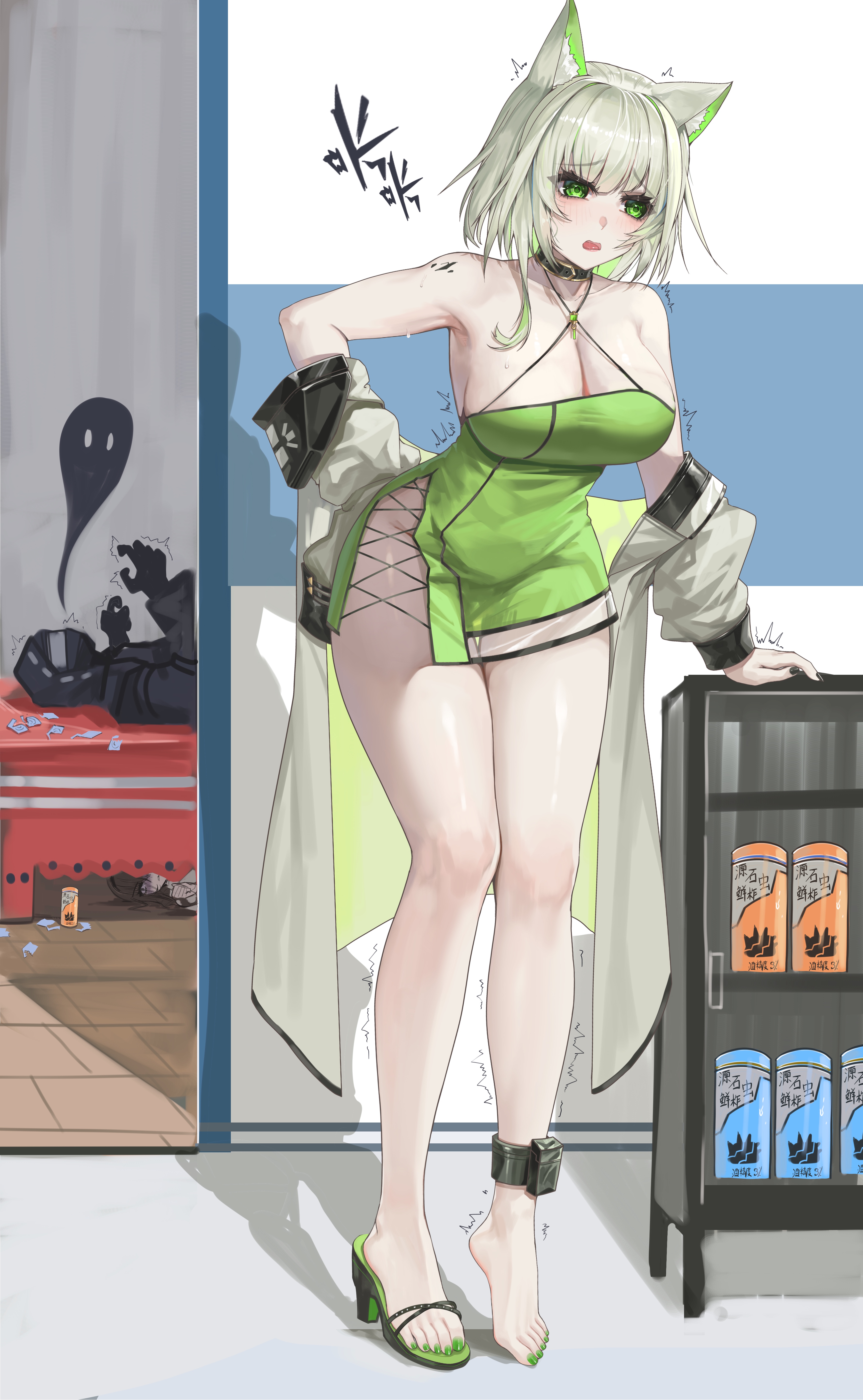 yu ruo, doctor (arknights), kal'tsit (arknights), male doctor (arknights), priestess (arknights), arknights, absurdres, highres, 1boy, 2girls, animal ears, breasts, cat ears, cat girl, choker, cleavage, condom, condom wrapper, dress, full body, implied after sex, jacket, multiple girls, voyeurism