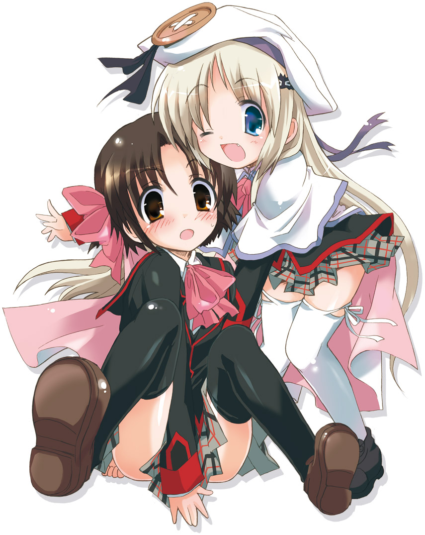 hizuki yayoi, naoe riki, noumi kudryavka, little busters!, bad id, bad pixiv id, 1boy, 1girl, :o, beret, black thighhighs, blush, bow, cape, clothes pull, crossdressing, fang, foreshortening, hair ornament, hair ribbon, hairclip, hat, laughing, legs, long hair, miniskirt, one eye closed, open mouth, pink bow, plaid clothes, plaid skirt, pleated skirt, ribbon, school uniform, shoes, short hair, sidelocks, simple background, sitting, skirt, skirt pull, smile, standing, thighhighs, trap, very long hair, white thighhighs, wink, zettai ryouiki