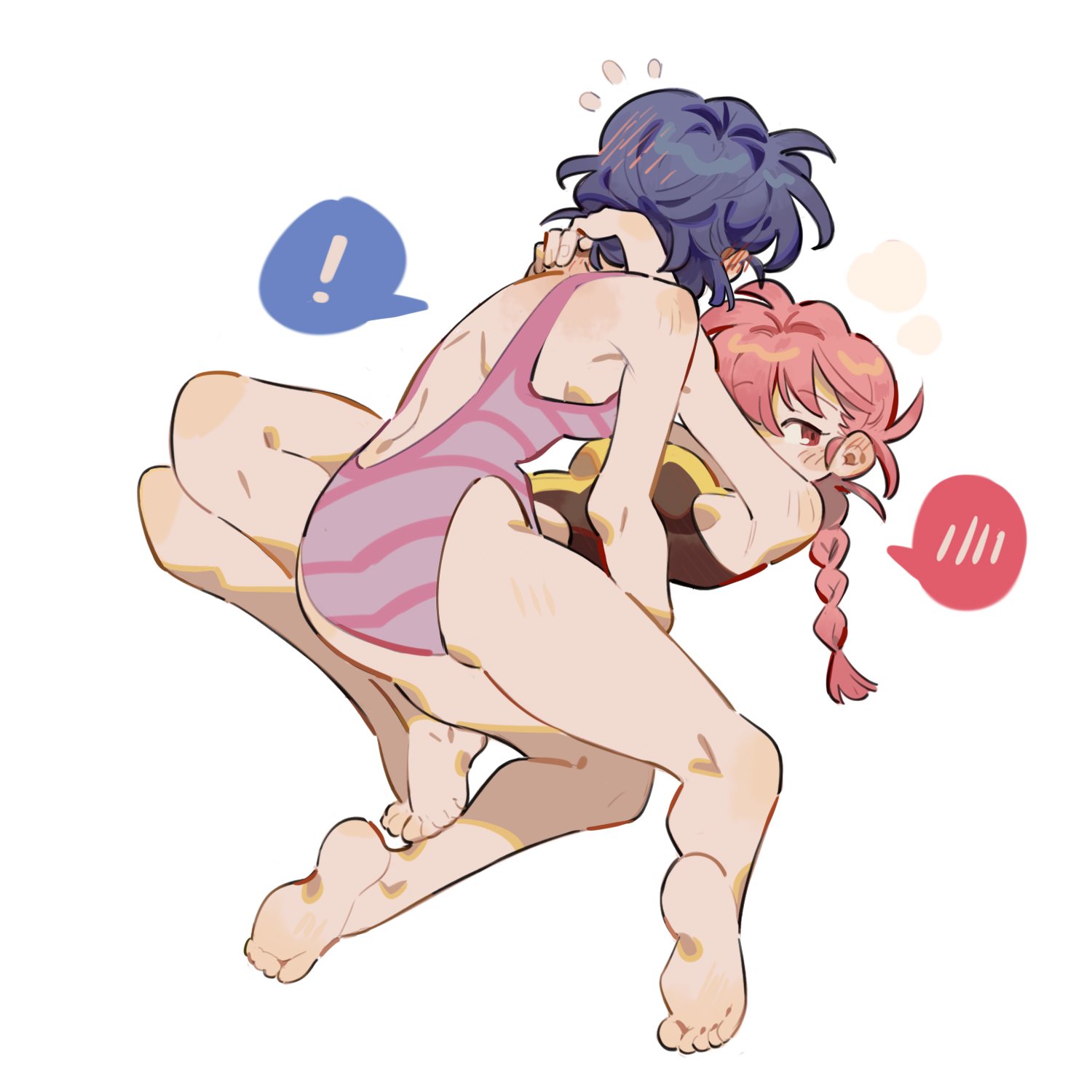 siyer, ranma-chan, tendou akane, ranma 1/2, highres, !, 2girls, arms around neck, backless swimsuit, bare arms, bare legs, barefoot, black one-piece swimsuit, blue eyes, blush, braid, breasts, floating, full body, hair between eyes, hair blush, highleg, highleg one-piece swimsuit, long hair, medium breasts, multiple girls, one-piece swimsuit, red eyes, red hair, short hair, sideboob, single braid, spoken blush, spoken exclamation mark, striped clothes, striped one-piece swimsuit, swimsuit, two-tone one-piece swimsuit, white background, yellow one-piece swimsuit, yuri
