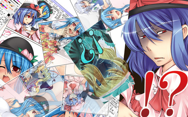 okina togo, serizawa mutsuki, hinanawi tenshi, izayoi sakuya, nagae iku, remilia scarlet, yakumo yukari, touhou, bad id, bad pixiv id, !?, 5girls, blue hair, blush, completely unamused, expressionless, female focus, food, fruit, hat, long sleeves, looking at viewer, multiple girls, peach, red eyes, shaded face, unamused, upper body