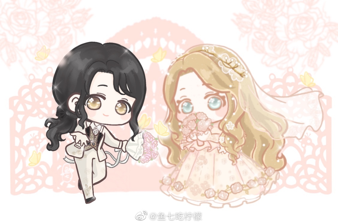 xiaoyu qixing, nikki (series), shining nikki, chinese commentary, commentary request, 2girls, beads, black hair, black shoes, blonde hair, blue eyes, blush stickers, bouquet, bridal veil, bride, brooch, brown eyes, chibi, closed mouth, collared jacket, collared shirt, colored eyelashes, crossdressing, crossdressing (ftm), dress, dress flower, dress pants, dress shoes, elbow gloves, floral print, flower, flower brooch, forever love (shining nikki), formal clothes, gate, gloves, grey jacket, grey pants, grey suit, grey vest, groom, hair beads, hair ornament, happy, holding, holding bouquet, jacket, jewelry, lace, lace gloves, lapels, layered sleeves, long hair, long sleeves, looking at viewer, low ponytail, multiple girls, notched lapels, offering hand, open clothes, open jacket, pants, pink dress, pink flower, pink rose, pleated dress, pocket, ponytail, print dress, ribbon, ringlets, romantic visit (shining nikki), rose, rose print, see-through clothes, see-through veil, shirt, shoes, smile, sparkle, suit, tareme, tuxedo, veil, very long hair, vest, watermark, wavy hair, wedding dress, weibo watermark, white background, white flower, white gloves, white ribbon, white rose, white shirt, white veil