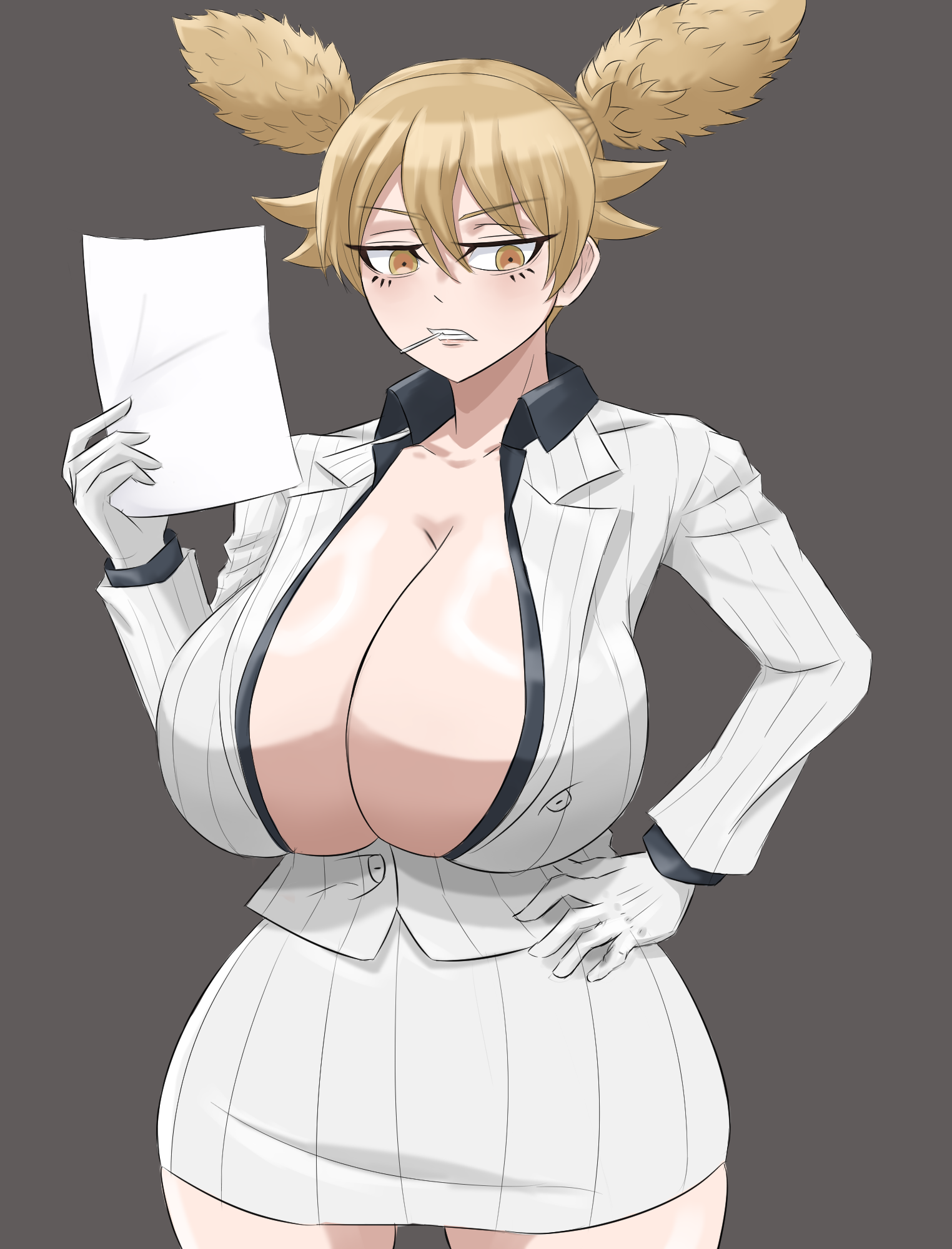 momokusa yomogi, tougen anki, artist request, highres, 1girl, :/, breasts, buttons, cleavage, closed mouth, collarbone, gloves, gradient background, grey background, hair between eyes, hand on own hip, huge breasts, jacket, lollipop in mouth, long sleeves, looking at viewer, medium hair, partially unbuttoned, shiny skin, skindentation, solo, striped clothes, striped jacket, twintails, v-shaped eyebrows, vertical-striped clothes, vertical-striped jacket, white gloves, white jacket, wide hips, yellow eyes