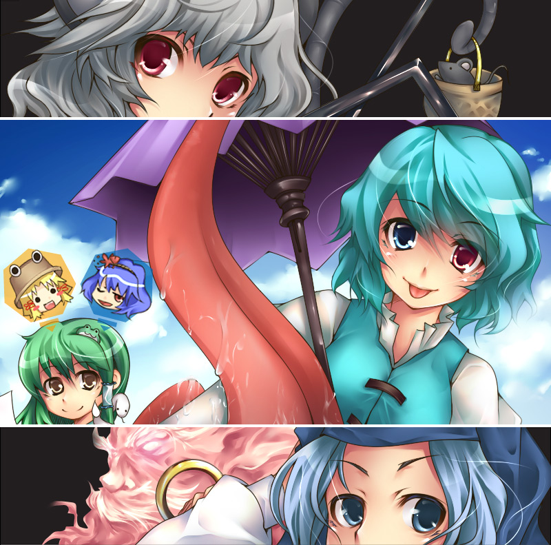 okina togo, serizawa mutsuki, kochiya sanae, kumoi ichirin, moriya suwako, nazrin, tatara kogasa, unzan, yasaka kanako, touhou, bad id, bad pixiv id, 6+girls, :p, heterochromia, hood, karakasa obake, multiple girls, oil-paper umbrella, tongue, tongue out, umbrella