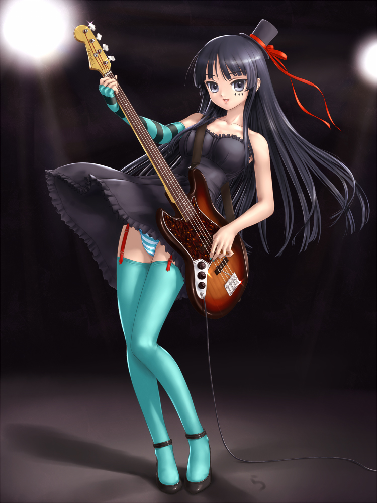 rasukaru, akiyama mio, don't say "lazy", k-on!, 00s, 1girl, bare shoulders, bass guitar, black eyes, black hair, blunt bangs, dress, elbow gloves, facepaint, female focus, fingerless gloves, garter belt, gloves, guitar, hat, high heels, hime cut, instrument, legs, lipstick, long hair, makeup, mini hat, mini top hat, panties, pantyshot, ribbon, shoes, single glove, smile, socks, solo, standing, striped clothes, striped panties, thighhighs, top hat, underwear, upskirt, wind, wind lift