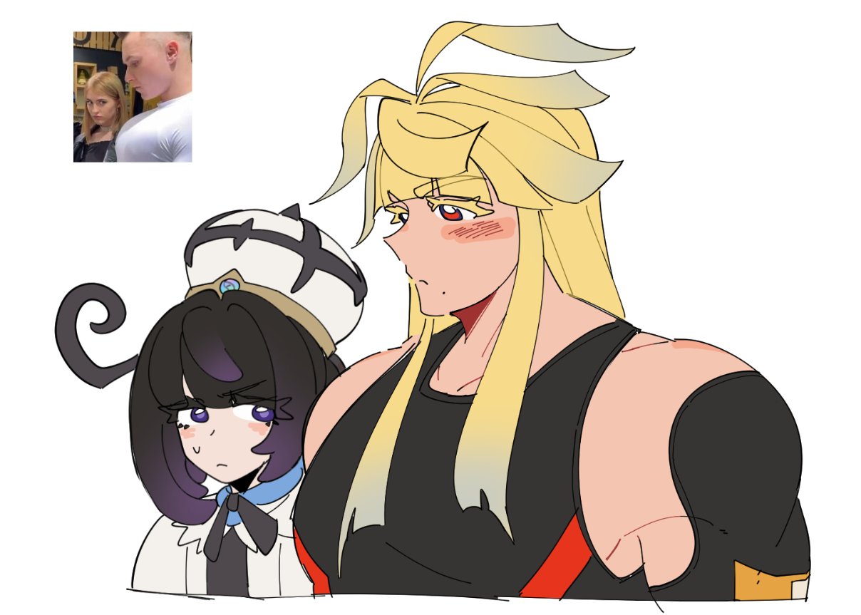 gwynn (pokemon), ivor (pokemon), nintendo, pokemon, pokemon legends: z-a, 1boy, 1girl, black hair, blonde hair, blush, brother and sister, dd is, girl staring at guy's chest (meme), gradient hair, hat, looking at another, meme, multicolored hair, purple eyes, purple hair, red eyes, siblings, sweatdrop