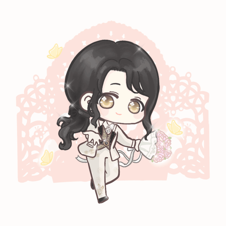 xiaoyu qixing, nikki (series), shining nikki, animated, animated gif, looping animation, 1girl, belt, belt buckle, black belt, black hair, black shoes, blazer, blinking, blush stickers, bouquet, brooch, brown eyes, buckle, bug, butterfly, chibi, closed mouth, collared jacket, collared shirt, crossdressing, crossdressing (ftm), dress pants, dress shoes, flower, flower brooch, formal clothes, gate, gold buckle, grey jacket, grey pants, grey suit, grey vest, groom, happy, holding, holding bouquet, insect, jacket, jewelry, lapels, layered sleeves, long hair, long sleeves, looking at viewer, low ponytail, notched lapels, open clothes, open jacket, outstretched hand, pants, pink flower, pink rose, pocket, ponytail, print pants, romantic visit (shining nikki), rose, shirt, shoes, sidelocks, smile, solo, sparkle, suit, tareme, tuxedo, very long hair, vest, wavy hair, white background, white flower, white rose, white shirt, yellow butterfly