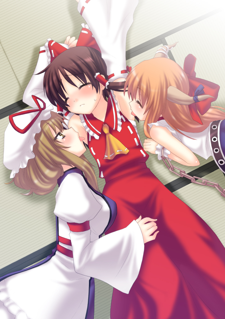 saki chisuzu, hakurei reimu, ibuki suika, yakumo yukari, touhou, 3girls, armpits, black hair, blonde hair, blush, bow, closed eyes, detached sleeves, female focus, girl sandwich, hair bow, hat, horns, licking, licking armpit, multiple girls, orange hair, sandwiched, yuri