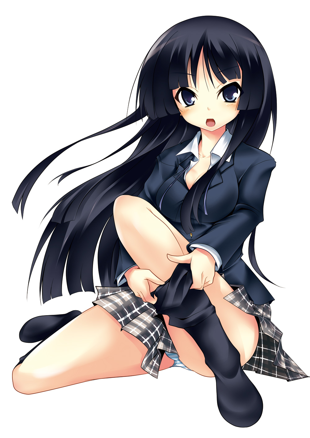 nana (732 kaiten), akiyama mio, k-on!, highres, 00s, 1girl, black hair, blue eyes, breasts, dressing, female focus, long hair, open clothes, open mouth, open shirt, panties, pantyshot, plaid clothes, plaid skirt, school uniform, shirt, simple background, skirt, solo, striped clothes, striped panties, underwear