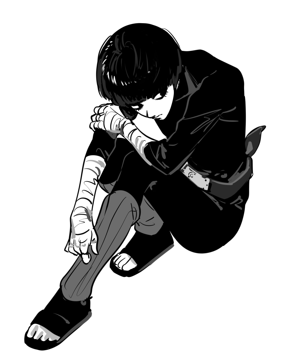 shasun3, rock lee, naruto (series), highres, 1boy, bandaged hand, bandages, black bodysuit, black hair, black shoes, bodysuit, bowl cut, full body, greyscale, hugging own legs, leg warmers, male focus, monochrome, open-toe shoes, shoes, short hair, sitting, sketch, solo, white background