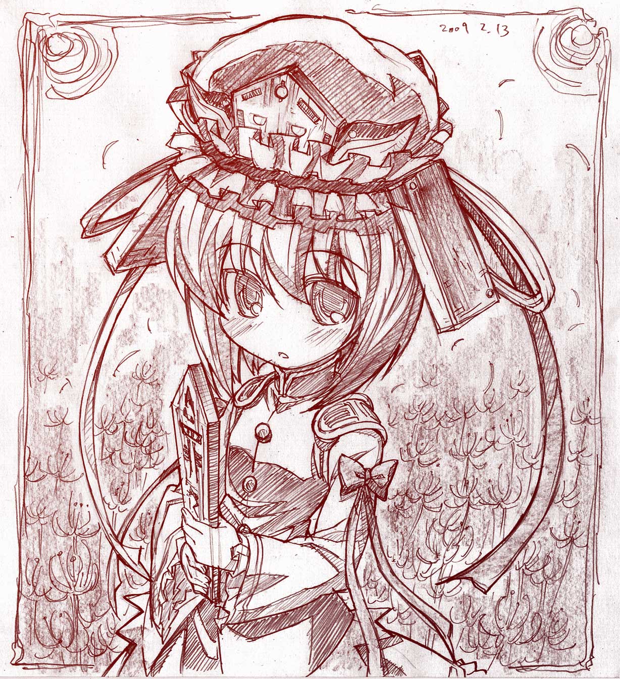 sakino shingetsu, shiki eiki, touhou, highres, traditional media, 1girl, female focus, flower, hat, monochrome, no nose, red flower, red theme, rod of remorse, sketch, solo, spider lily