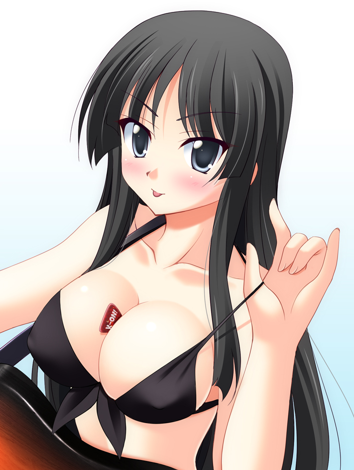 narutaki shin, akiyama mio, k-on!, 00s, 1girl, :p, bass guitar, between breasts, bikini, black bikini, black eyes, black hair, blunt bangs, blush, breasts, cleavage, female focus, front-tie top, guitar, hime cut, instrument, large breasts, long hair, plectrum, solo, swimsuit, tongue, tongue out
