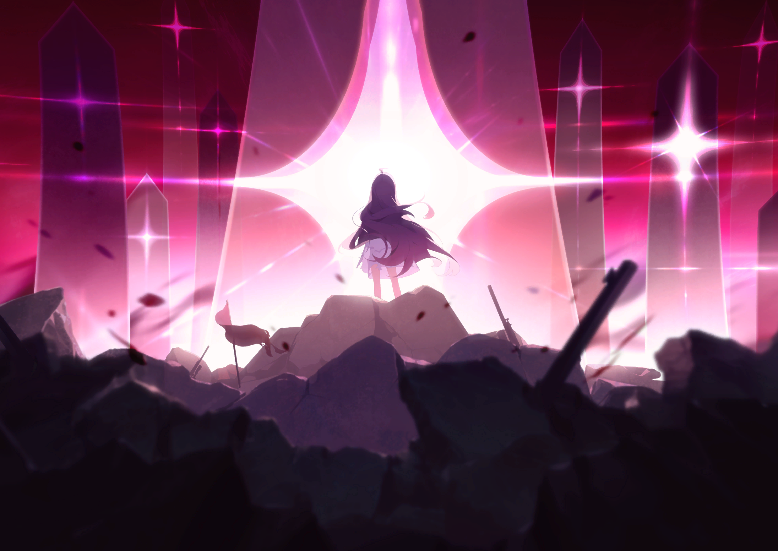 stella sora, character request, game cg, highres, non-web source, official art, 1girl, ahoge, bishop (chess), black hair, chess piece, facing away, from behind, long hair, monolith (object), outdoors, pointy ears, red sky, rubble, sky, solo, standing, very long hair, wide shot
