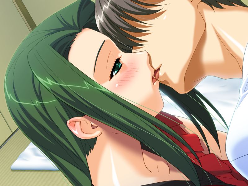 ino (magloid), uennai kyou, kiss x 400 natsukashiki hibi no renzoku, game cg, 1boy, 1girl, blush, faceless, faceless male, green eyes, green hair, hair over eyes, hetero, kiss, long hair