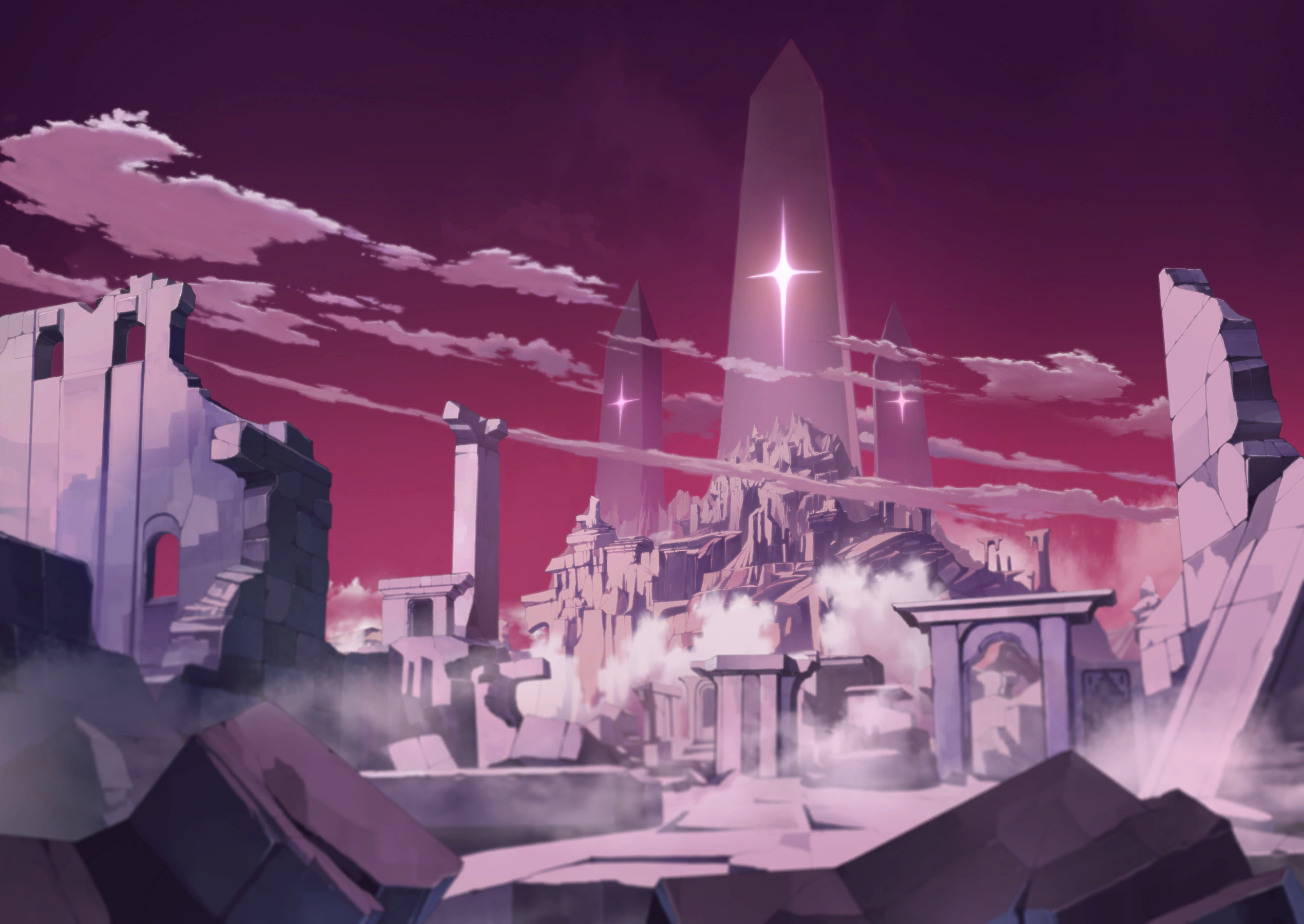 stella sora, game cg, highres, non-web source, official art, cloud, gradient sky, long hair, monolith (object), no humans, outdoors, red sky, ruins, sky, very long hair