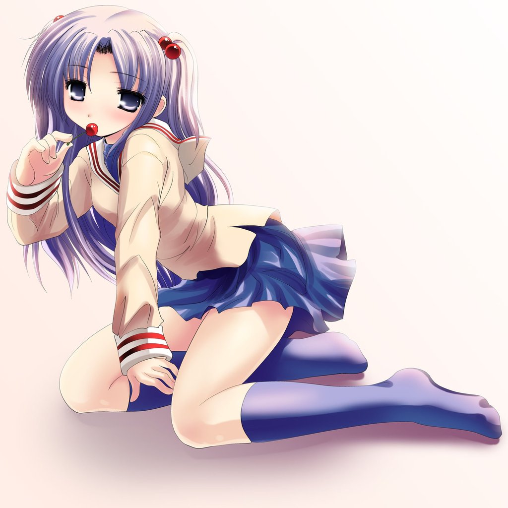 blush, cherry, food, fruit, kneeling, long hair, purple eyes, purple hair, school uniform, thighhighs