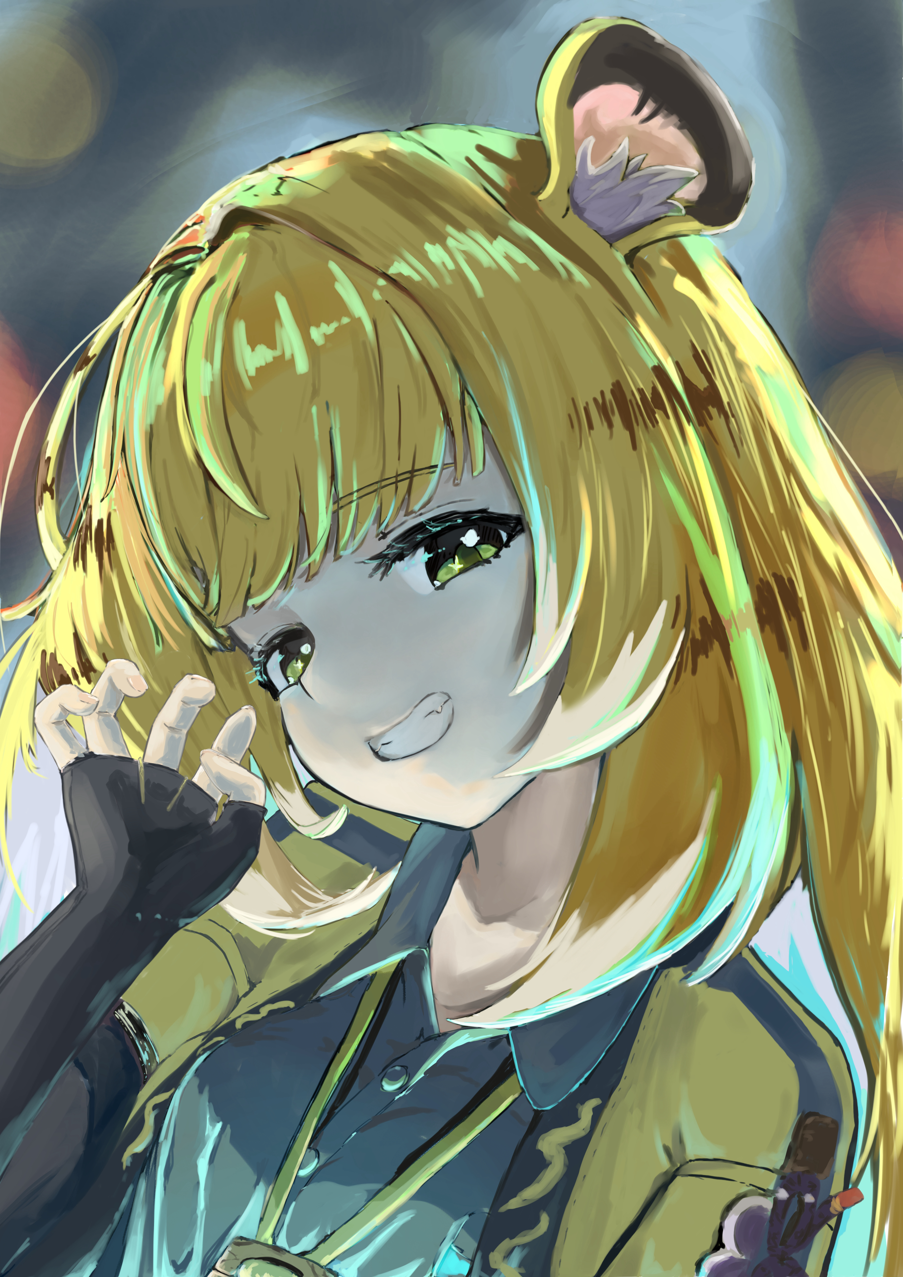 ju fufu, zenless zone zero, absurdres, highres, 1girl, animal ear fluff, animal ears, blonde hair, fingerless gloves, gloves, green eyes, grin, long hair, looking at viewer, multicolored hair, sakazukin, shirt, smile, solo, tiger ears, tiger girl, white hair