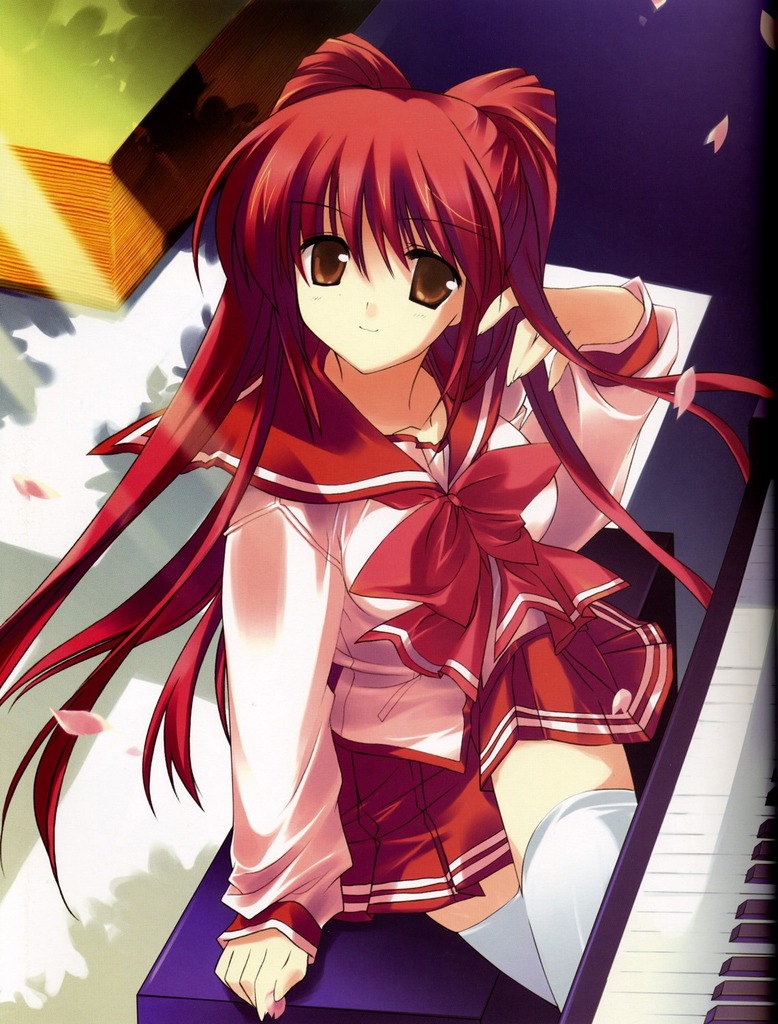 kousaka tamaki, to heart (series), to heart 2, 00s, brown eyes, instrument, long hair, piano, red hair, school uniform, sitting, smile, thighhighs