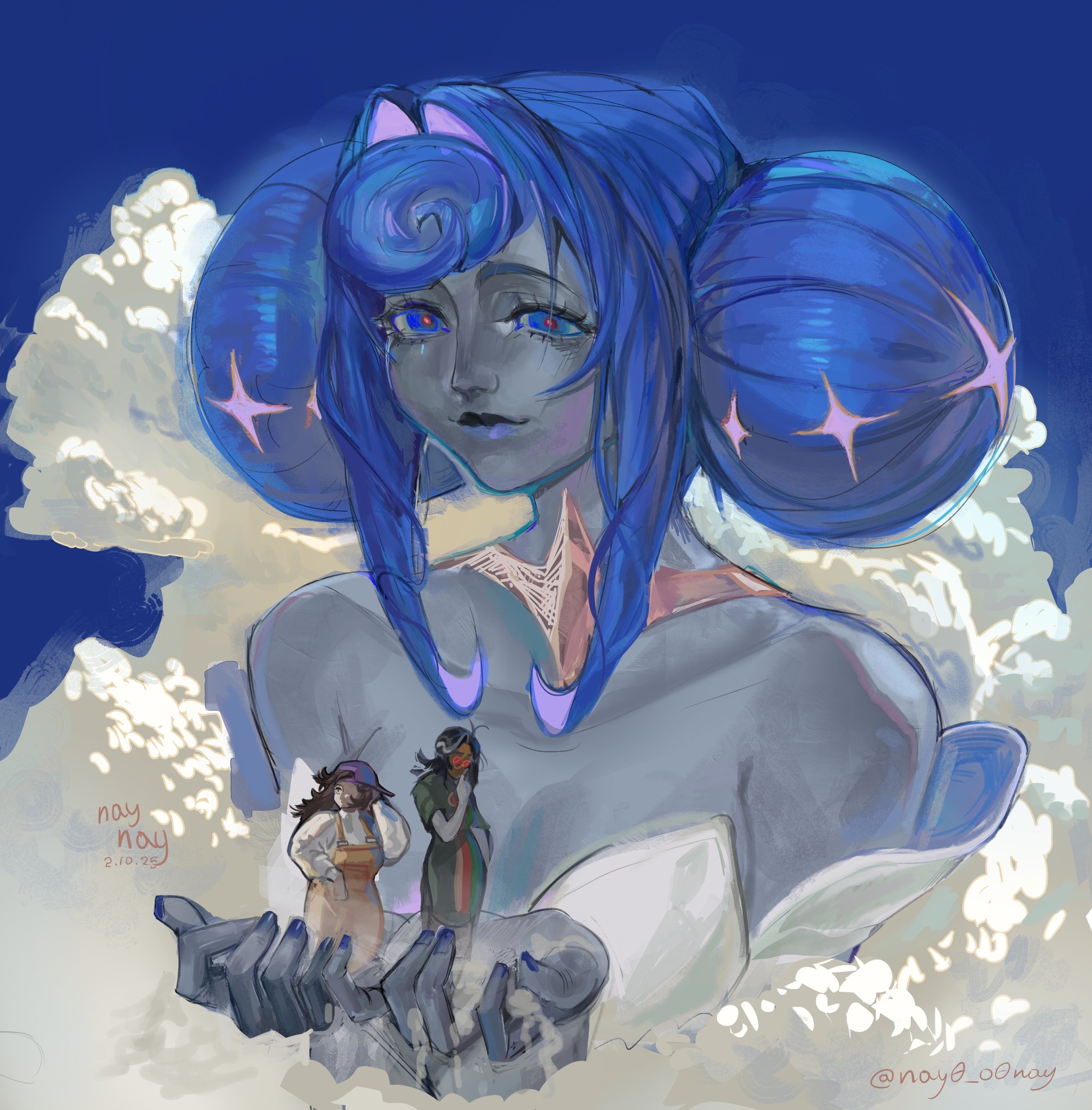 andrea (knights of guinevere), francesca (knights of guinevere), princess guinevere, knights of guinevere, highres, 3girls, bare shoulders, blue eyes, blue hair, breasts, colored skin, double bun, dress, grey skin, hair bun, hair intakes, long hair, looking at viewer, multiple girls, nay0 o0, princess, princess dress, smile, white dress