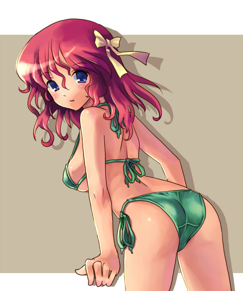 bikini, blue eyes, blush, bow, bra, breasts, hair bow, lingerie, long hair, red eyes, sideboob, swimsuit, thighhighs, turning head, underwear