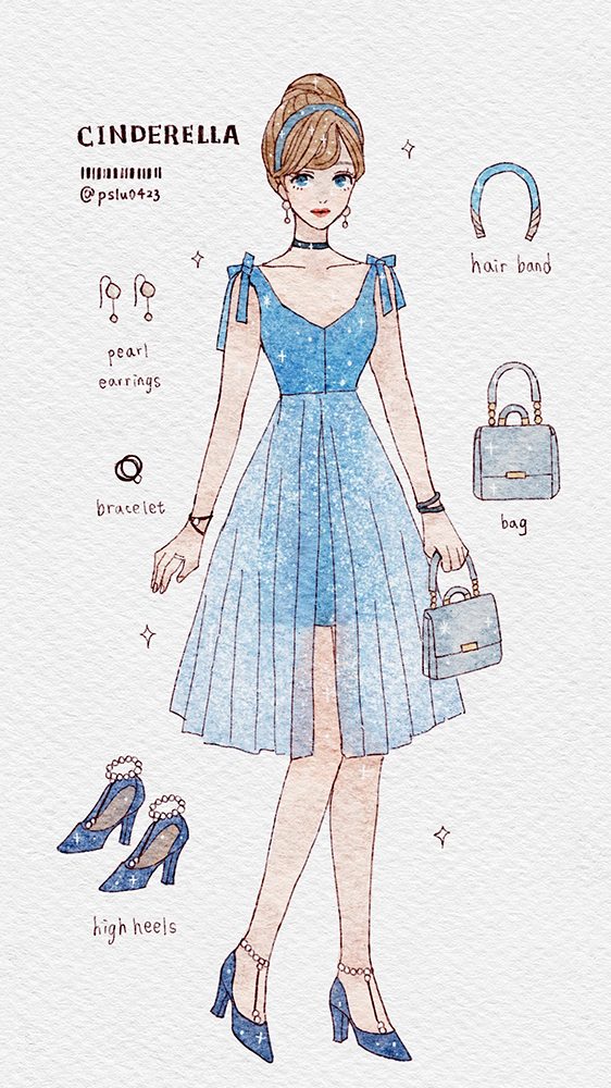 peilu (pslu0423), cinderella (disney character), cinderella (disney movie), 1girl, adapted costume, alternate costume, bag, blonde hair, blue dress, blue eyes, bracelet, contemporary, dress, full body, hair bun, hairband, jewelry, looking at viewer, short hair, smile, solo