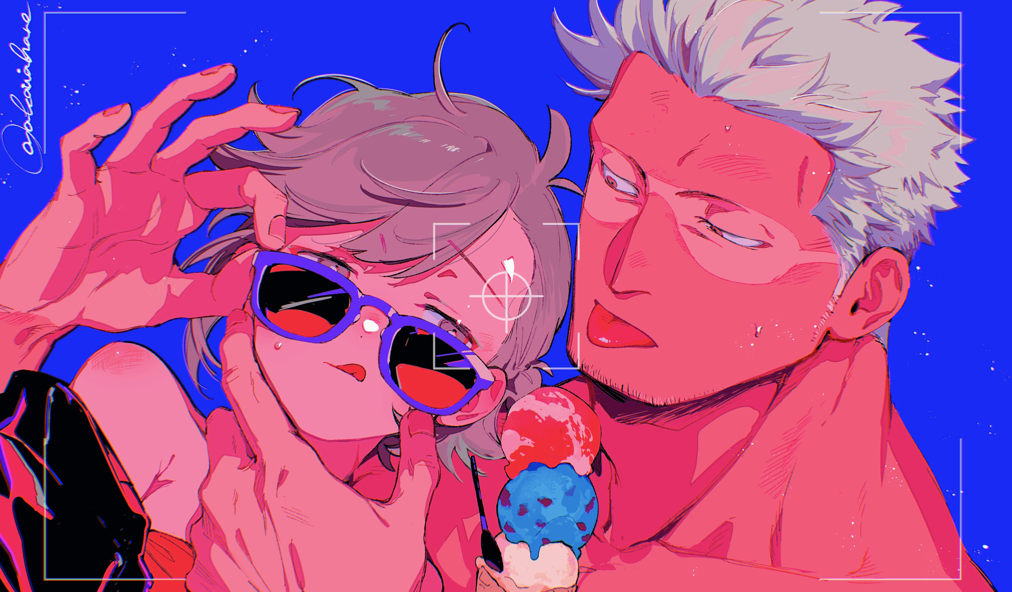 kabane (rjev8385), smoker (one piece), one piece, original, commentary request, highres, 1boy, 1girl, :p, :q, antenna hair, asymmetrical bangs, blue-framed eyewear, blue background, couple, facial hair, food, goatee stubble, grey eyes, grey hair, hand on another's face, hetero, holding, holding removed eyewear, ice cream, ice cream cone, ice cream spoon, looking at another, nude, oc x canon, portrait, short hair, single bare shoulder, spoon, stubble, sunglasses, swept bangs, tan, tanline, tongue, tongue out, twitter username, unworn eyewear, viewfinder, white hair