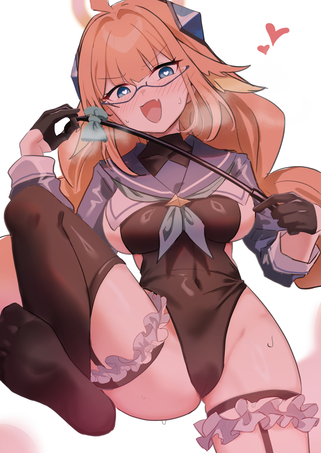 amano hagoromo, shimiko (blue archive), shimiko (magical) (blue archive), blue archive, commentary request, highres, 1girl, :d, black-framed eyewear, black gloves, black leotard, black thighhighs, blue eyes, blue sailor collar, blue shrug, braid, breasts, fang, glasses, gloves, half gloves, halo, heart, heart-shaped pupils, large breasts, leotard, long sleeves, looking at viewer, official alternate costume, open mouth, orange hair, red halo, sailor collar, semi-rimless eyewear, shrug (clothing), sideless leotard, simple background, skin fang, smile, soles, solo, symbol-shaped pupils, thighhighs, toes, twin braids, under-rim eyewear, white background
