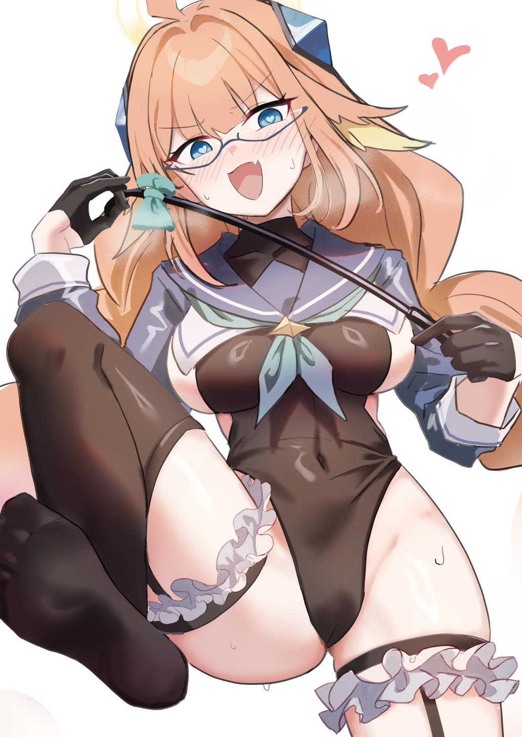 amano hagoromo, shimiko (blue archive), shimiko (magical) (blue archive), blue archive, commentary request, highres, 1girl, :d, black-framed eyewear, black gloves, black leotard, black thighhighs, blue eyes, blue sailor collar, blue shrug, braid, breasts, fang, glasses, gloves, half gloves, halo, heart, heart-shaped pupils, large breasts, leotard, long sleeves, looking at viewer, official alternate costume, open mouth, orange hair, red halo, sailor collar, semi-rimless eyewear, shrug (clothing), sideless leotard, simple background, skin fang, smile, soles, solo, symbol-shaped pupils, thighhighs, toes, twin braids, under-rim eyewear, white background