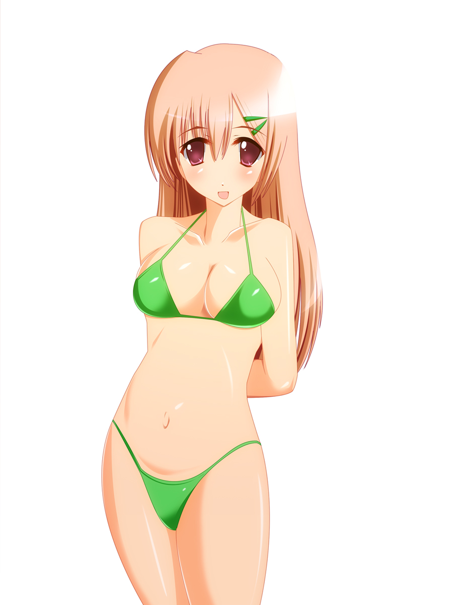 highres, bikini, blonde hair, breasts, hair ornament, hairpin, large breasts, open mouth, pink eyes, smile, swimsuit