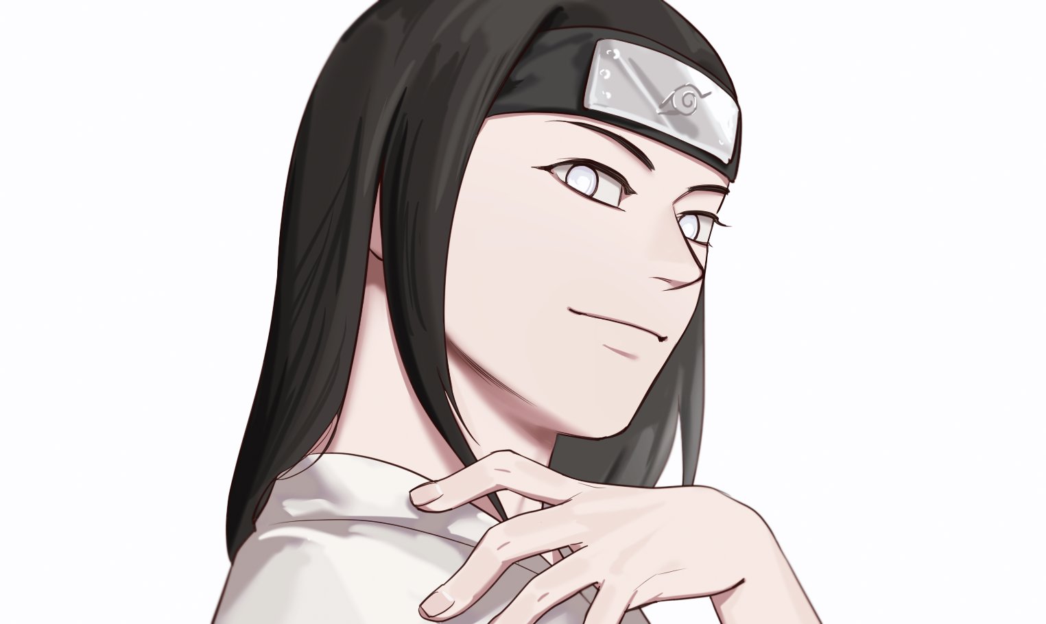 shasun3, hyuuga neji, naruto (series), 1boy, black hair, black headband, closed mouth, hand on own chest, headband, light smile, long hair, looking at viewer, male focus, no pupils, parted bangs, shirt, solo, straight hair, upper body, white background, white eyes, white shirt