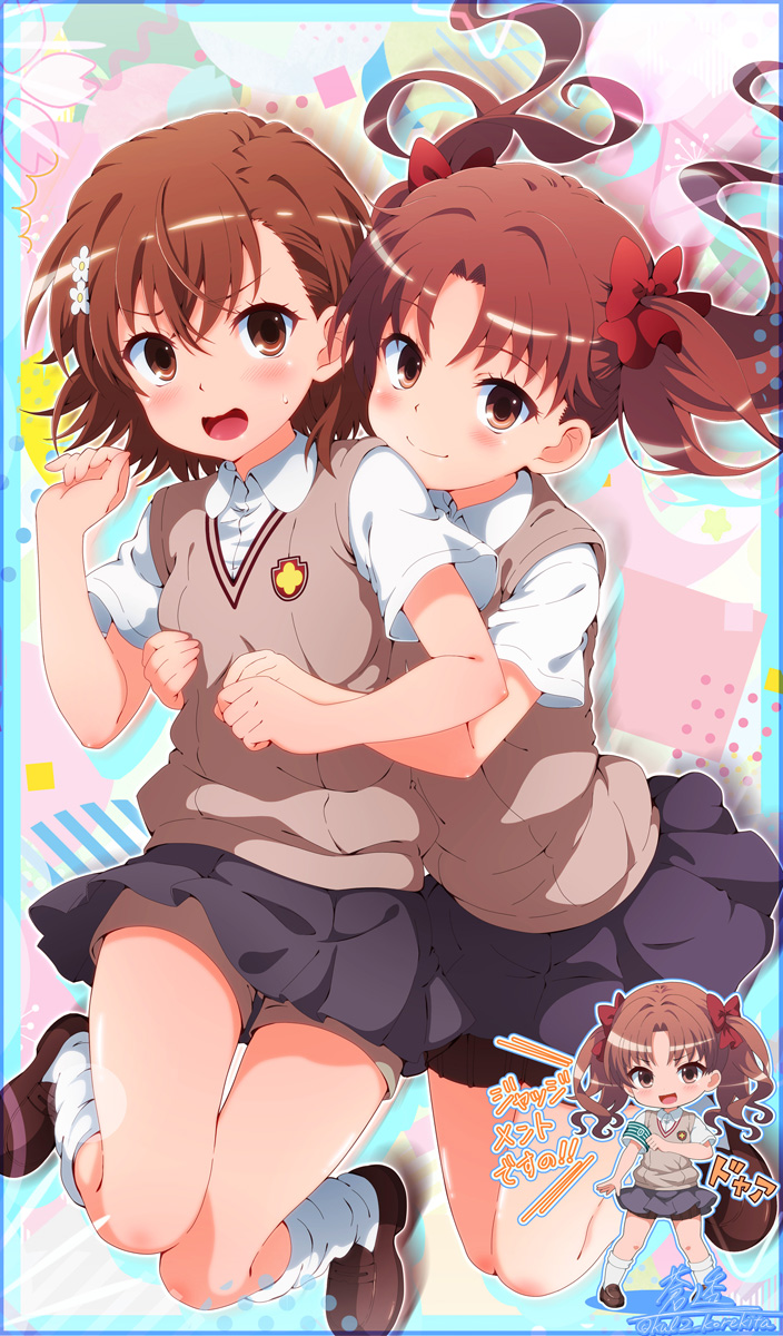 soutou, misaka mikoto, shirai kuroko, toaru kagaku no railgun, toaru majutsu no index, commentary request, highres, 2girls, blue skirt, blush, breasts, brown eyes, brown hair, brown shoes, brown sweater vest, chibi, chibi inset, closed mouth, grabbing another's breast, groping, hair ribbon, hug, hug from behind, loafers, looking at viewer, miniskirt, multiple girls, open mouth, red hair, red ribbon, ribbon, school uniform, shirt, shoes, shorts, shorts under skirt, skirt, small breasts, smile, socks, summer uniform, sweater vest, tokiwadai school uniform, twintails, v-neck, white shirt, white socks