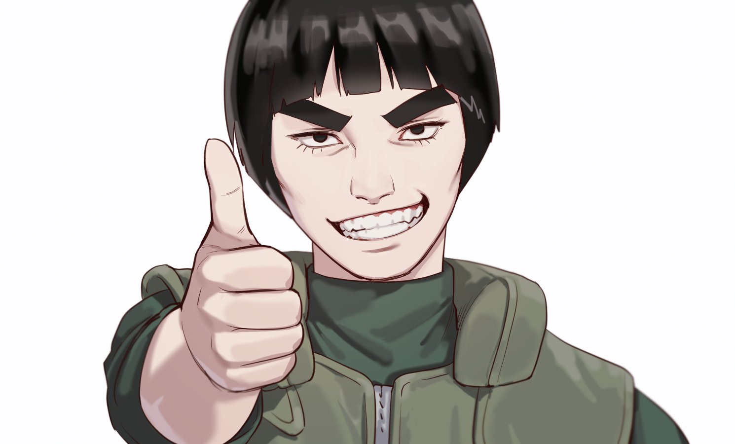 shasun3, might guy, naruto (series), 1boy, black hair, bodysuit, bowl cut, eyelashes, green bodysuit, green vest, grin, looking at viewer, male focus, short hair, smile, solo, teeth, thick eyebrows, thumbs up, upper body, vest, white background
