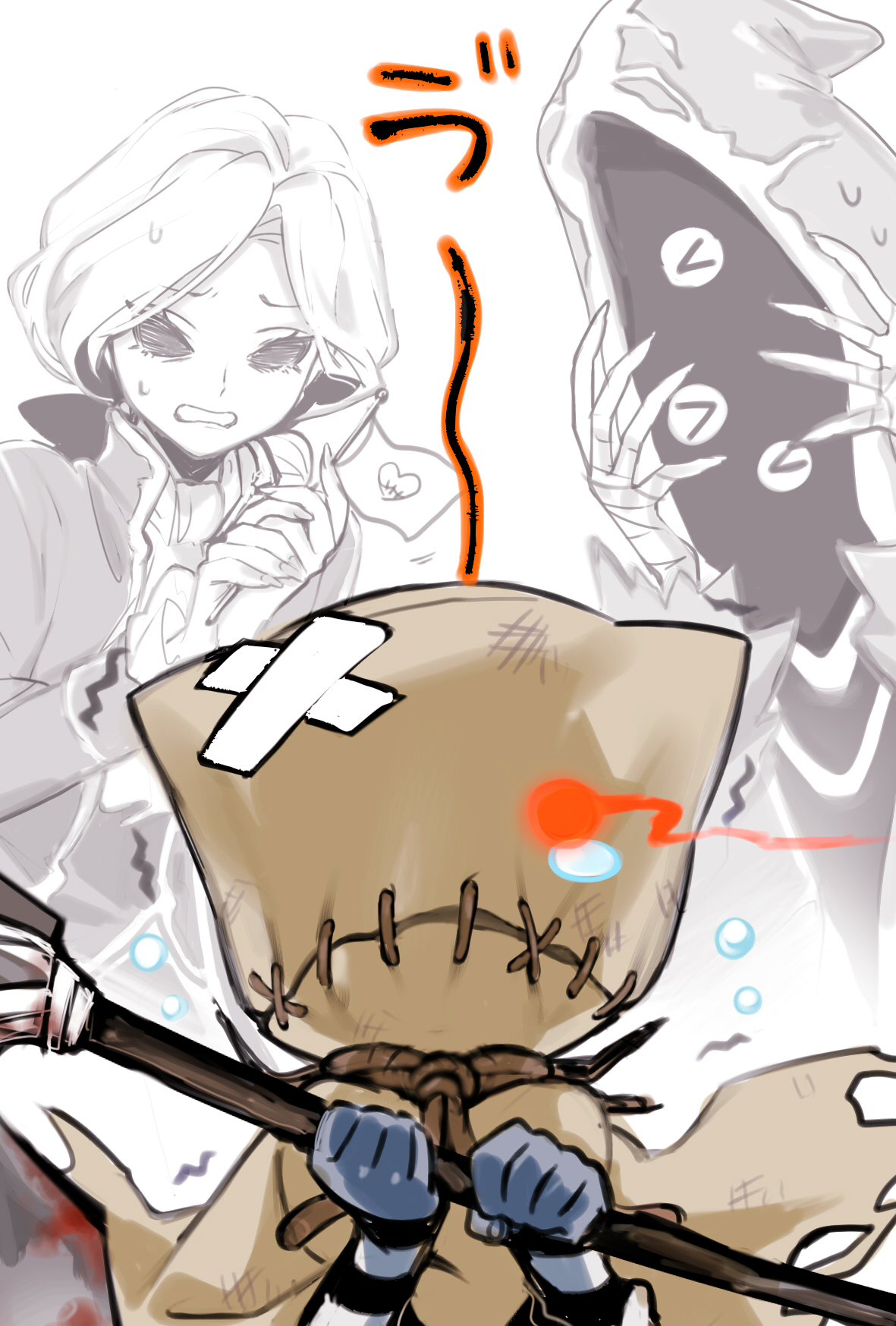 ieiieiiei, hastur (identity v), joseph desaulniers, robbie (identity v), identity v, highres, translation request, > <, 3boys, bag over head, bandaid, bandaid on head, black sclera, blue skin, bow, colored sclera, colored skin, crossed bandaids, eye trail, eyeball, facing viewer, fingernails, flying teardrops, hair bow, high collar, holding, holding weapon, hood, hood up, light trail, male focus, multiple boys, no eyes, no mouth, no nose, own hands clasped, own hands together, partially colored, sharp fingernails, solid eyes, stitched mouth, stitches, striped sleeves, tearing up, wavy hair, weapon
