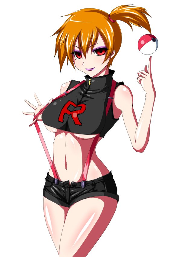 iwamoto eiri, misty (pokemon), nintendo, pokemon, 1girl, aged up, alternate color, alternate eye color, bare shoulders, body blush, breasts, clothes writing, cosplay, crop top, dark persona, denim, denim shorts, eyeshadow, female focus, hair between eyes, halterneck, hip focus, holding, large breasts, light smile, lipstick, looking at viewer, makeup, midriff, navel, open fly, orange hair, poke ball, purple lips, red eyes, scrunchie, short hair, short shorts, shorts, side ponytail, simple background, smile, solo, suspenders, team rocket, thighs, turtleneck, underboob, unzipped, white background, zipper