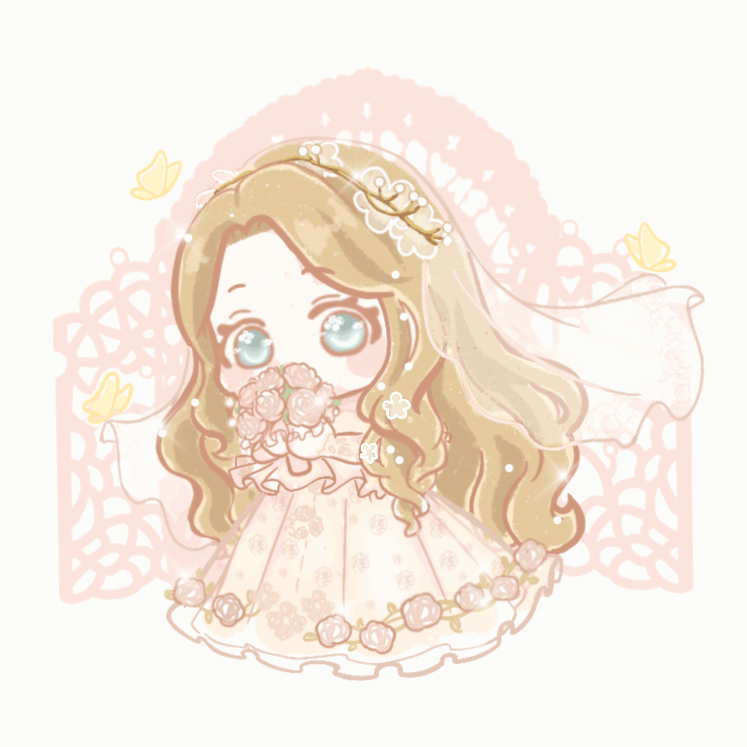xiaoyu qixing, nikki (series), shining nikki, animated, animated gif, chinese commentary, commentary request, looping animation, 1girl, beads, blinking, blonde hair, blue eyes, blush stickers, bouquet, bridal veil, bride, bug, butterfly, chibi, colored eyelashes, covered mouth, dress, dress flower, elbow gloves, floating clothes, floral print, flower, forehead, forever love (shining nikki), frilled dress, frills, gate, gloves, hair beads, hair ornament, holding, holding bouquet, insect, lace, lace gloves, long dress, long hair, looking at viewer, pink dress, pink flower, pink rose, pleated dress, print dress, rose, rose print, see-through clothes, see-through veil, solo, standing, tareme, veil, very long hair, wavy hair, wedding dress, white background, white gloves, white veil, yellow butterfly