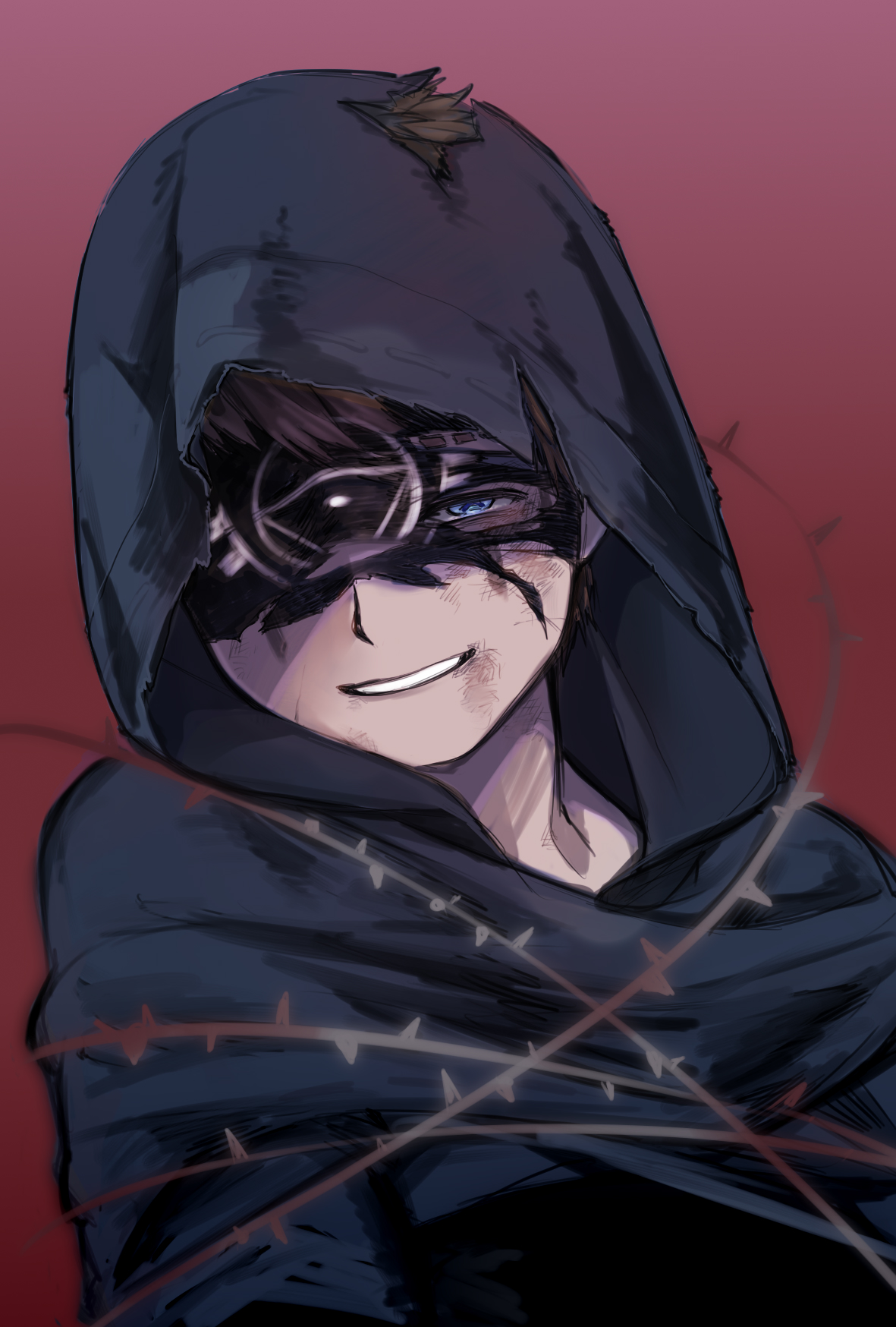 ieiieiiei, eli clark, identity v, highres, 1boy, blue capelet, blue eyes, bound, brown hair, bruise, bruise on face, capelet, facial mark, hood, hood up, hooded capelet, injury, looking at viewer, male focus, print blindfold, red background, short hair, smile, solo, torn blindfold, torn clothes, upper body
