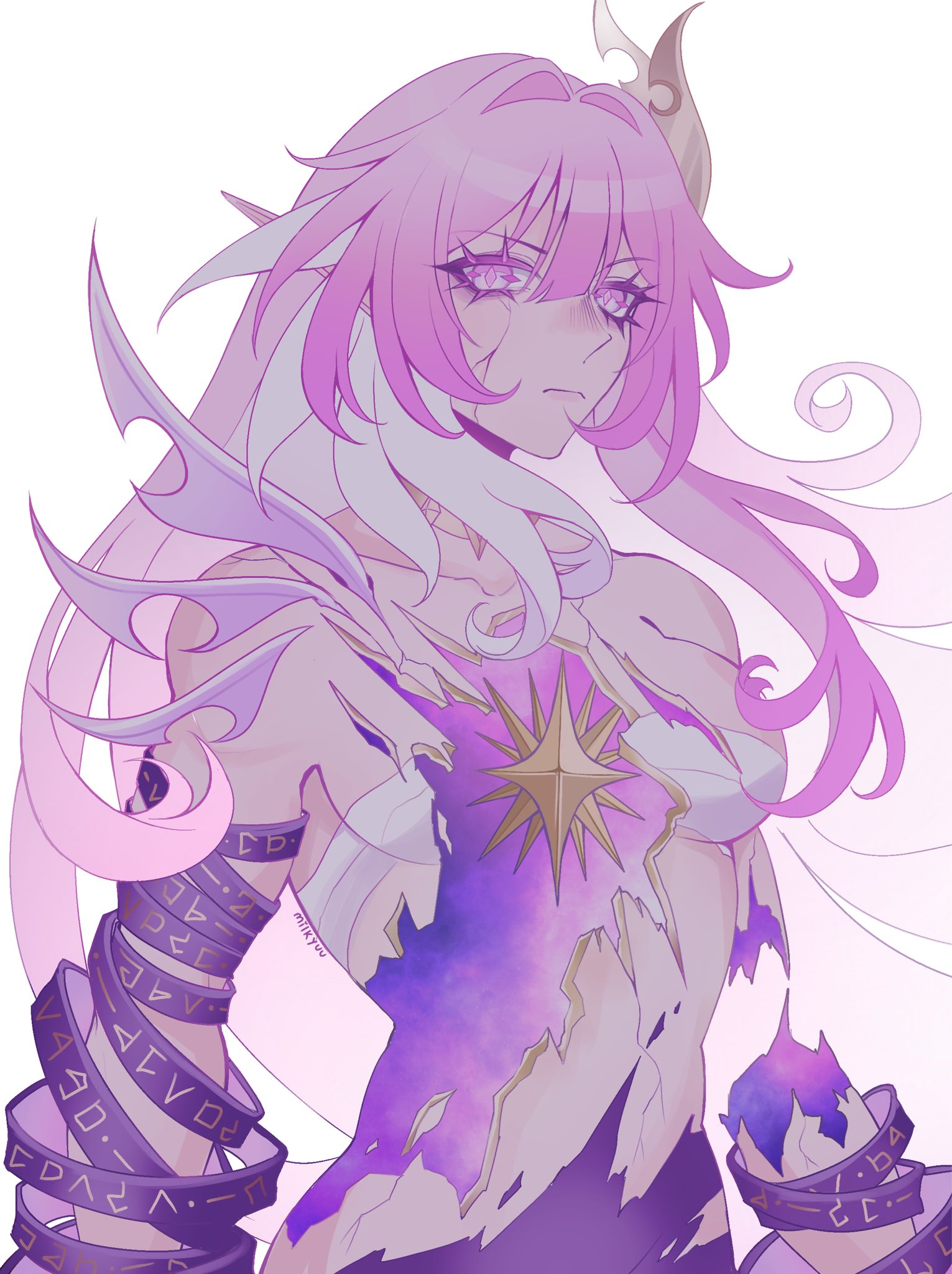 cyrene (honkai: star rail), honkai: star rail, honkai (series), highres, 1girl, breasts, collarbone, cracked skin, cyrene (aedes elysiae) (honkai: star rail), large breasts, long hair, looking at viewer, milkyuu, pink eyes, pink hair, ribbon, signature, solo