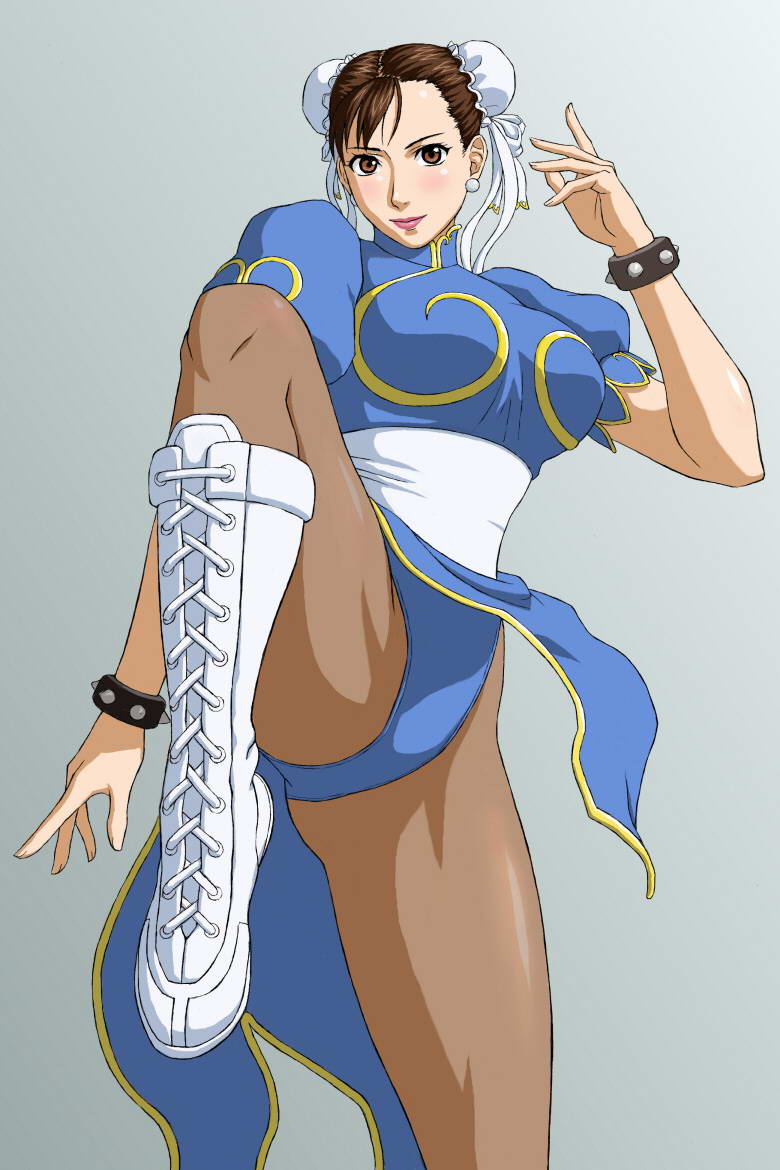 x bokkis, chun-li, capcom, street fighter, 1girl, blush, breasts, double bun, female focus, gradient background, hair bun, solo