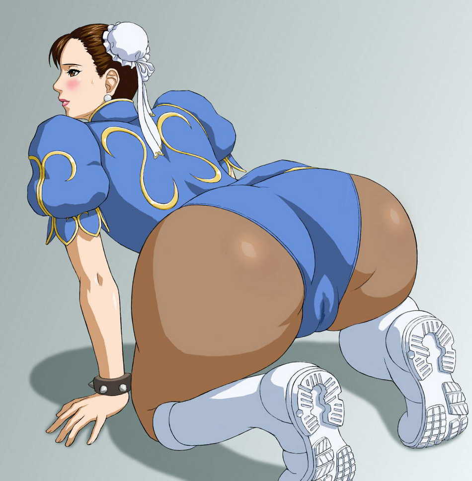 x bokkis, chun-li, capcom, street fighter, 1girl, all fours, ass, blush, boots, bracelet, brown eyes, brown hair, cameltoe, chinese clothes, double bun, earrings, female focus, gradient background, hair bun, jewelry, solo, spiked bracelet, spikes, sweat