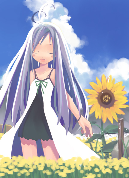 asami natsuhito, original, archived source, 1girl, antenna hair, arm behind back, bare arms, bare shoulders, big hair, black dress, blue sky, blush, closed eyes, cloud, coat, coat dress, cumulonimbus cloud, day, dot nose, dress, facing viewer, field, flower, flower field, green ribbon, hair tie on wrist, harada takehito (style), legs apart, long hair, open hand, open mouth, outdoors, ribbon, short dress, sky, solo, standing, straight hair, sunflower, very long hair, white coat